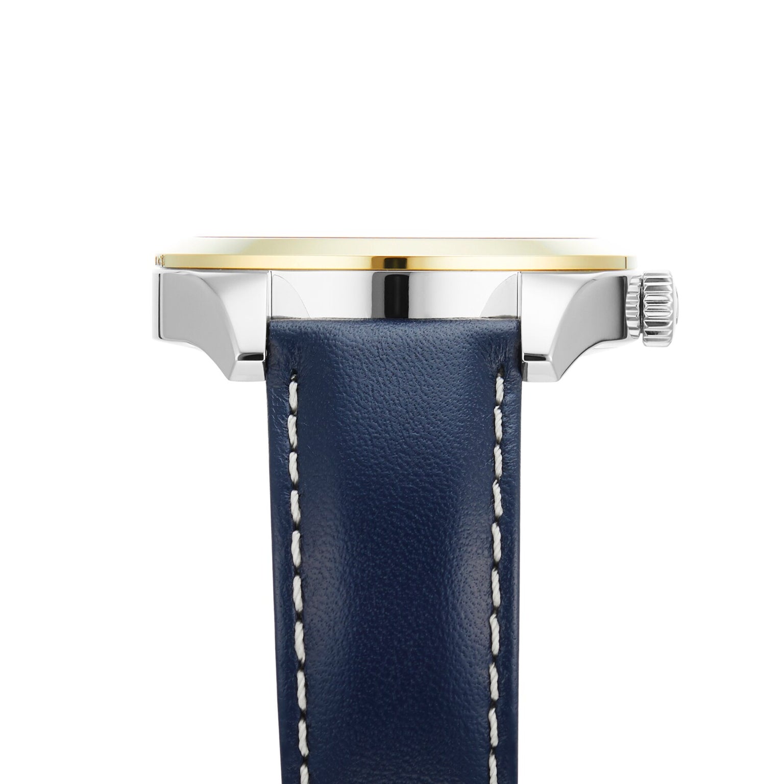 Side view of the Tissot Gentleman Powermatic 80 Silicium Solid 18k Bezel watch, featuring a blue leather strap with white stitching, silver case, gold bezel, and ridged crown—luxury meets style powered by the Powermatic 80 movement.