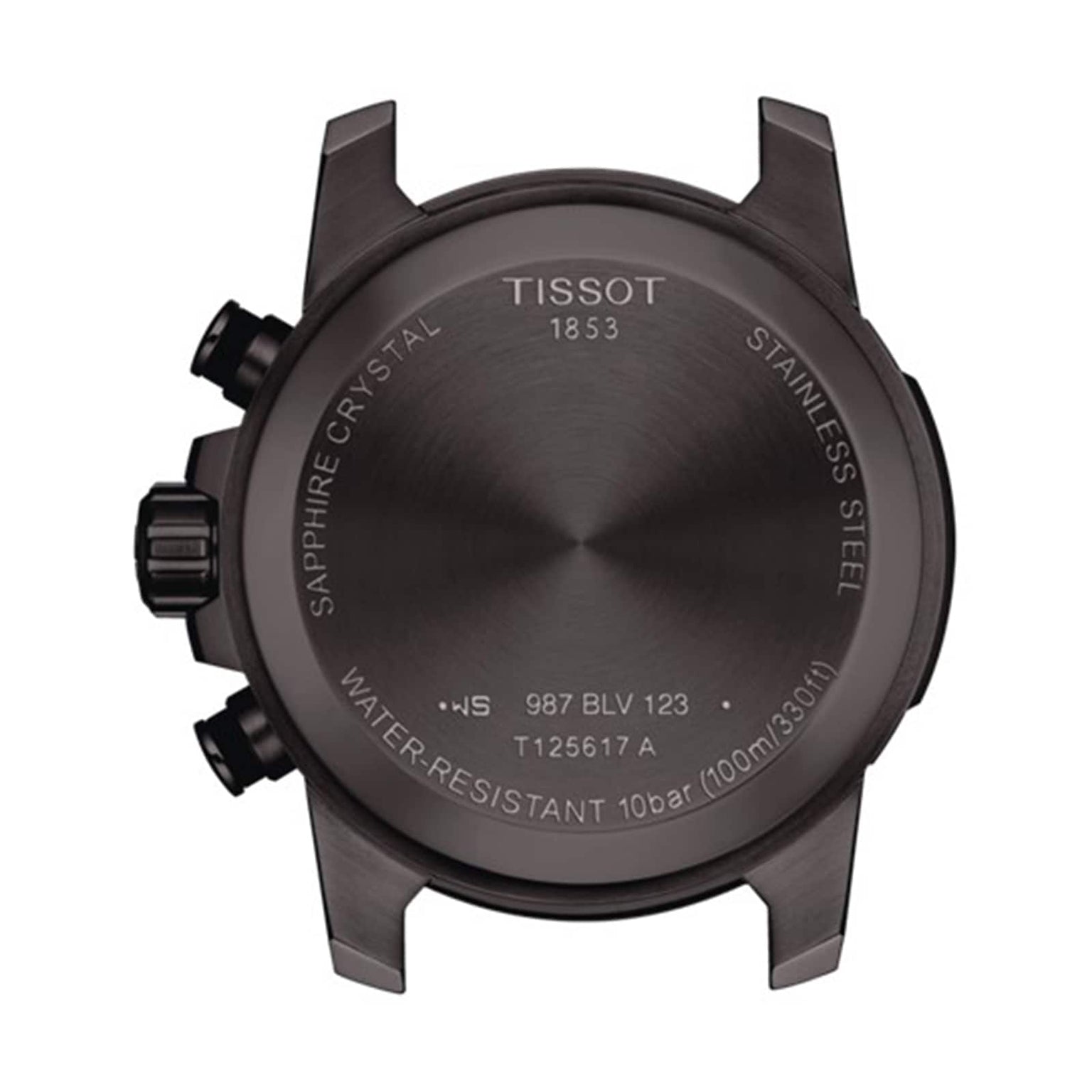 Back view of the Tissot Supersport Chrono shows engraved details like 10 bar (100m/330ft) water resistance, sapphire crystal, and Swiss quartz movement on its stainless steel case.