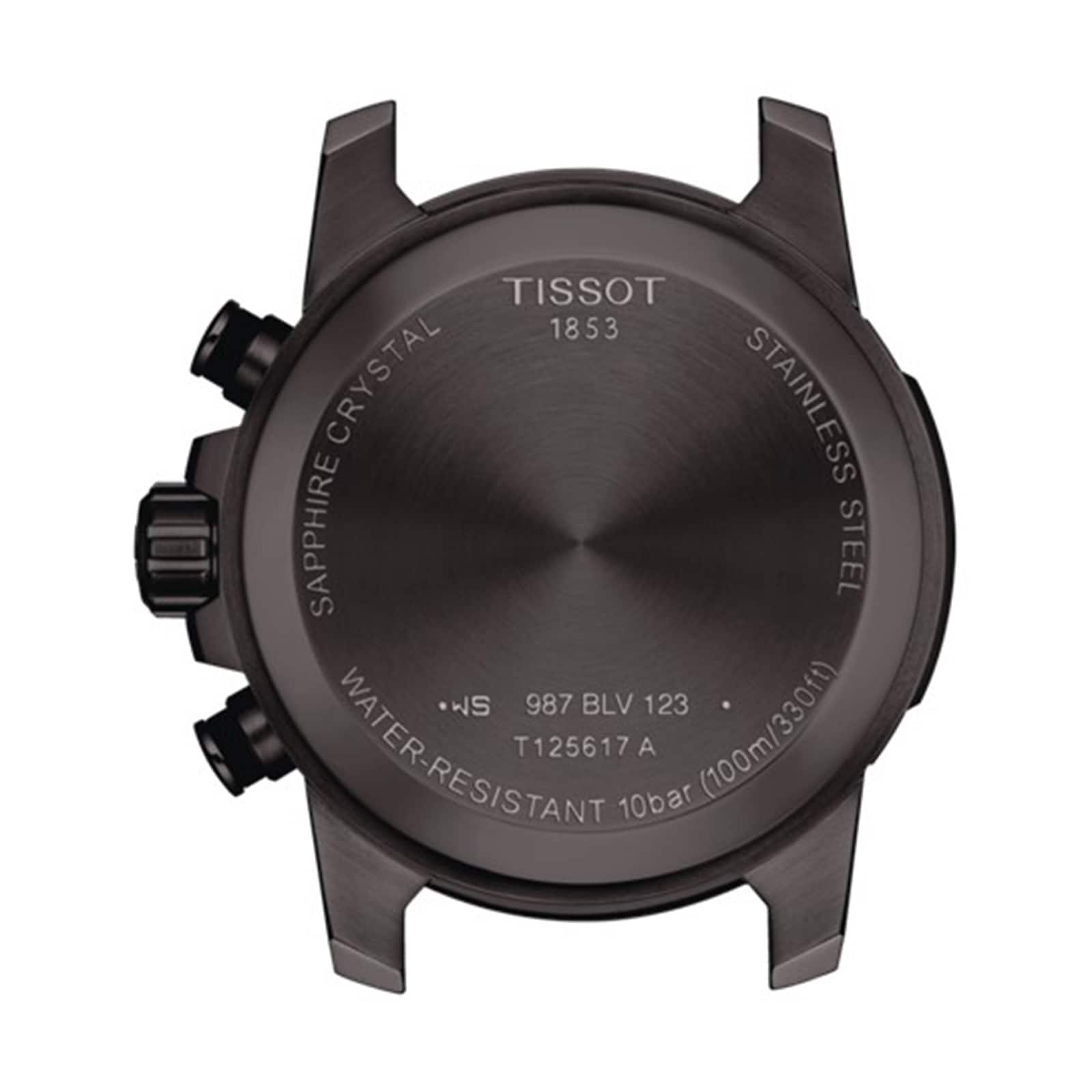 Back view of the Tissot Supersport Chrono shows engraved details like 10 bar (100m/330ft) water resistance, sapphire crystal, and Swiss quartz movement on its stainless steel case.