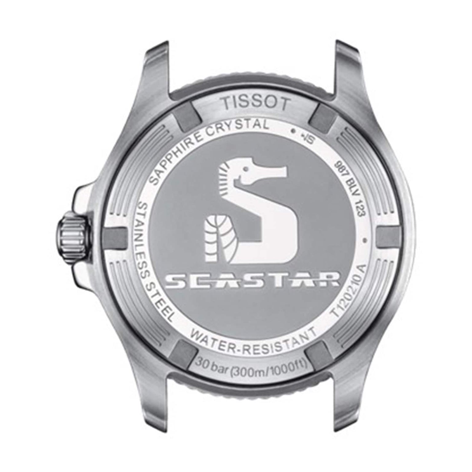 Back view of the Tissot Seastar 1000 case showing the seahorse logo, stainless steel build, water resistance info, and a sapphire crystal label.
