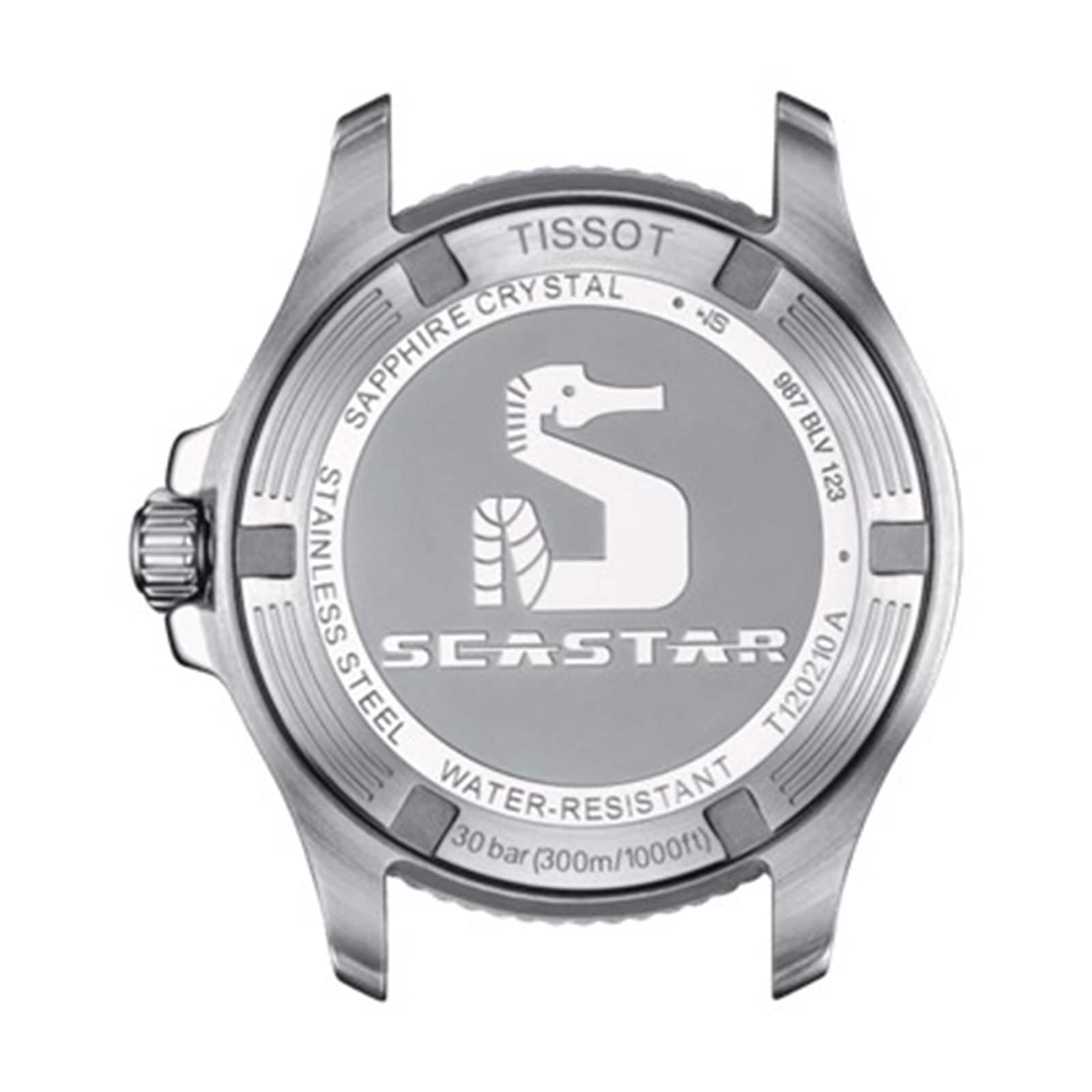 Back view of the Tissot Seastar 1000 case showing the seahorse logo, stainless steel build, water resistance info, and a sapphire crystal label.