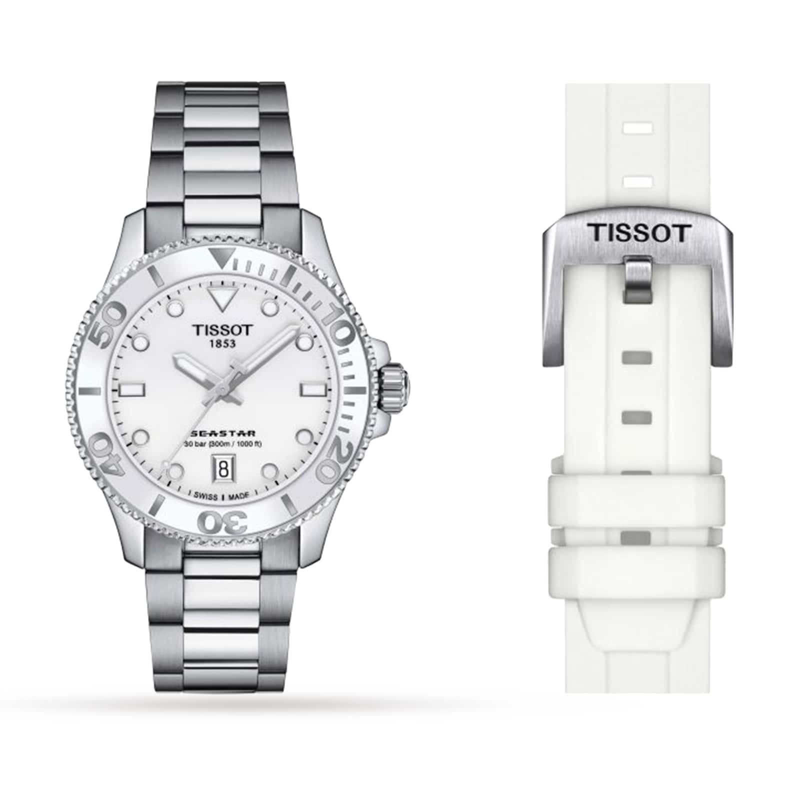 A Tissot Seastar 1000 watch with a silver metal band, displayed alongside a white interchangeable rubber strap.