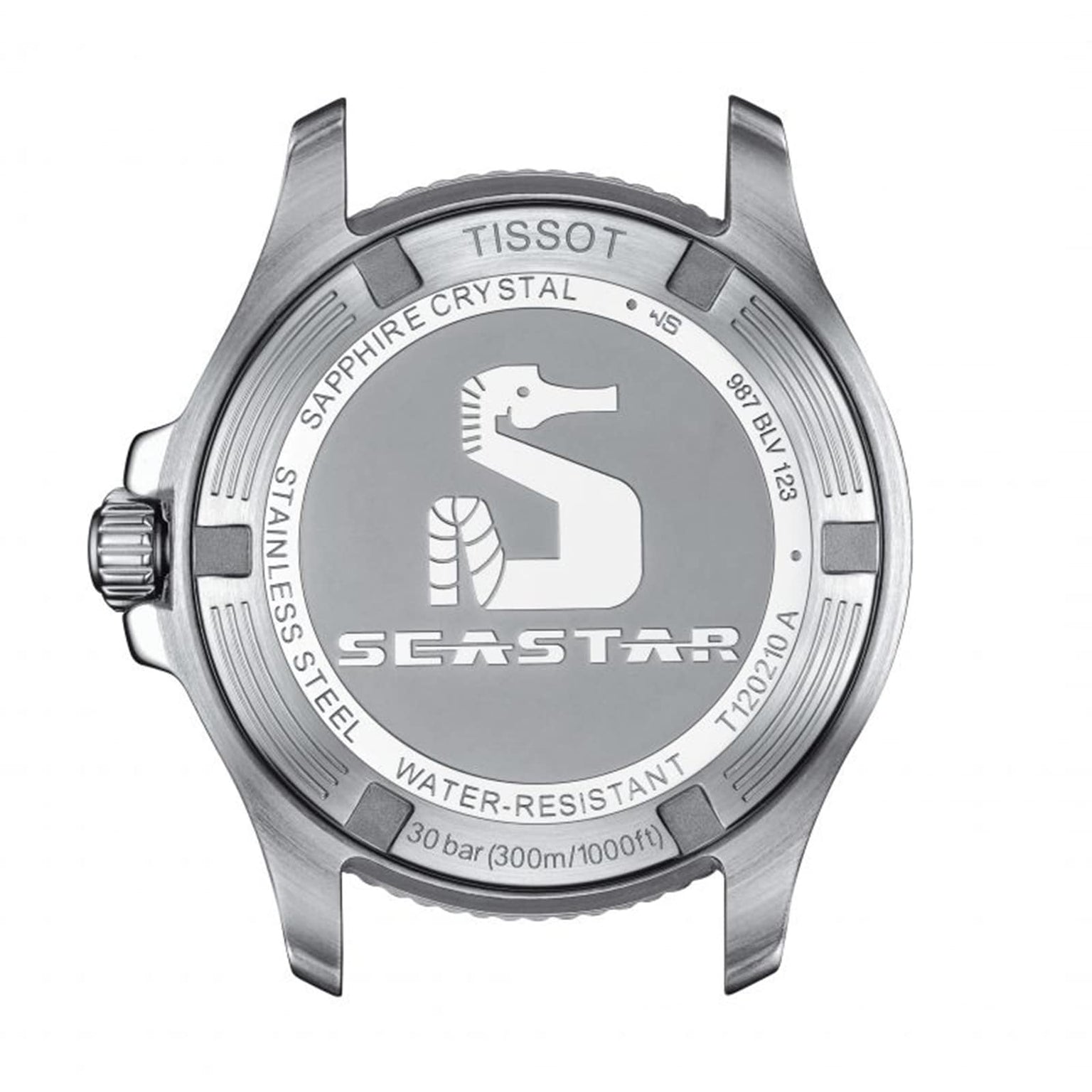 The back case of the Tissot Seastar 1000 displays a seahorse logo, model number, water resistance details, and material specifications.