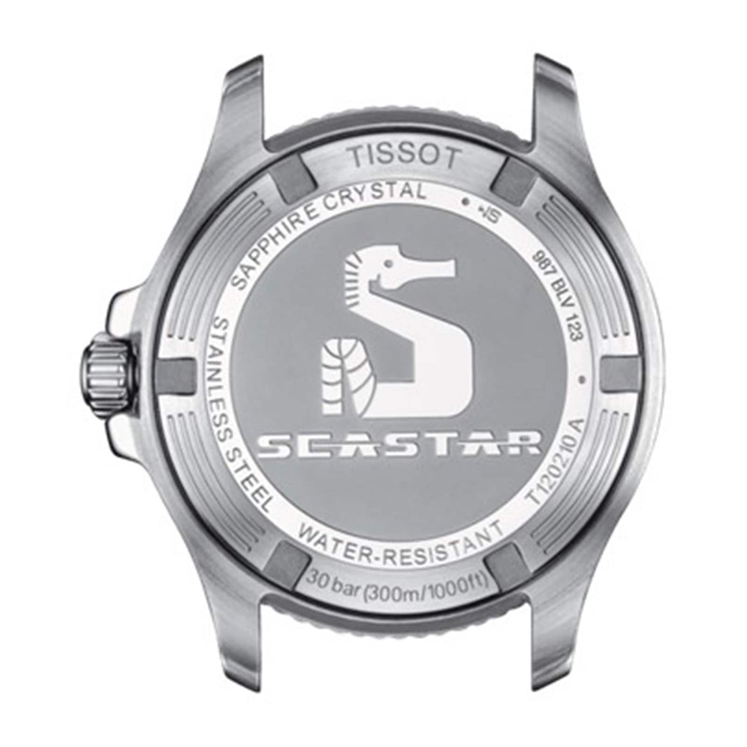 Back view of the Tissot Seastar 1000 watch case featuring the engraved seahorse logo, water resistance info, SuperLuminova® details, and notes on sapphire crystal and stainless steel construction.