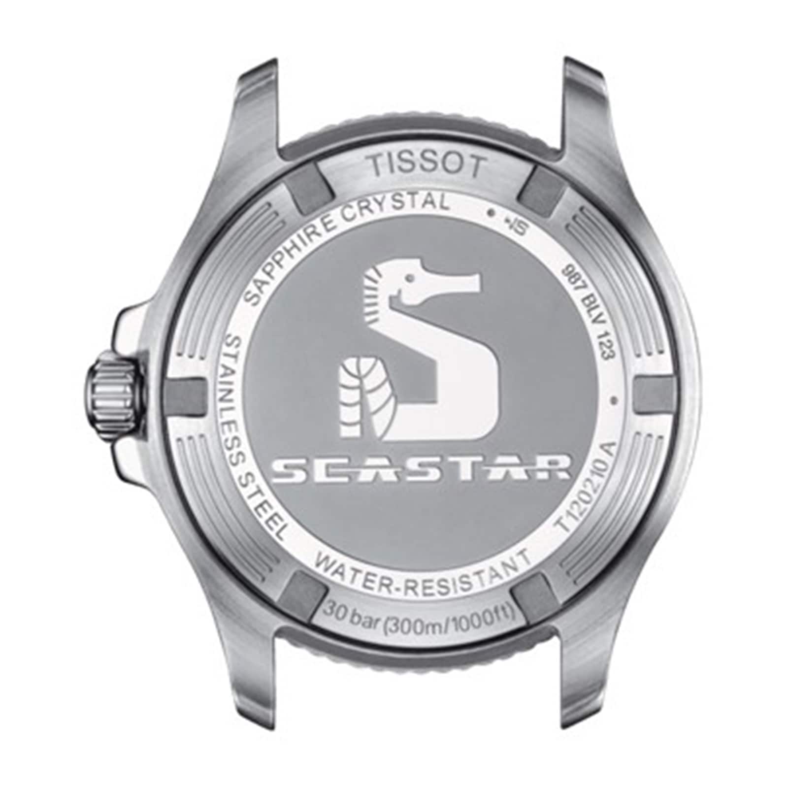 Back view of the Tissot Seastar 1000 watch case featuring the engraved seahorse logo, water resistance info, SuperLuminova® details, and notes on sapphire crystal and stainless steel construction.