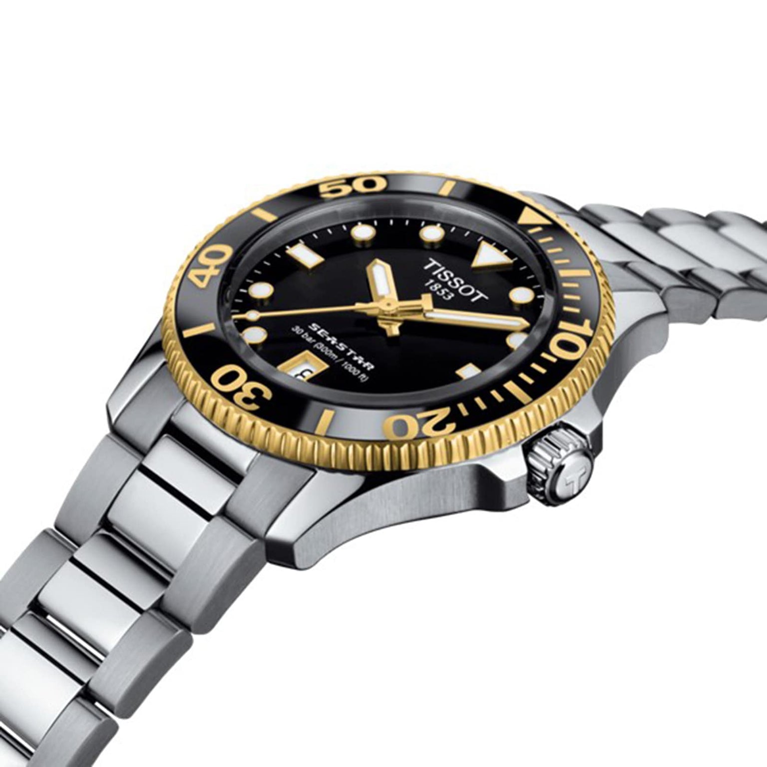 The Tissot Seastar 1000 wristwatch, shown at an angle, features a silver metal bracelet, black and gold bezel, black dial with SuperLuminova® accents, and water-resistant construction.