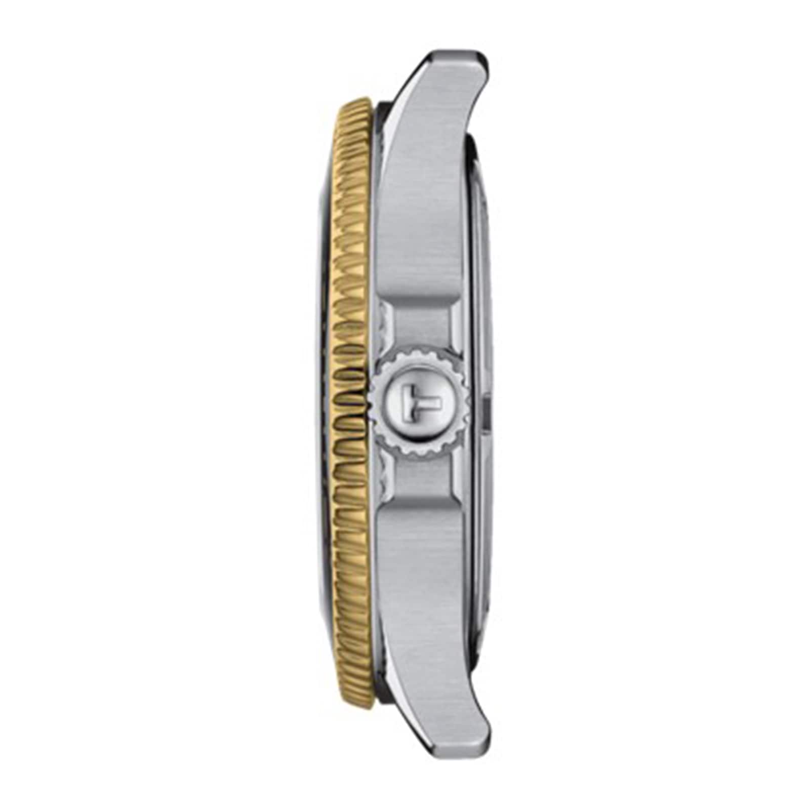 Side view of the Tissot Seastar 1000 wristwatch case with a gold-toned bezel, silver body, SuperLuminova® accents, and a logo-engraved crown.