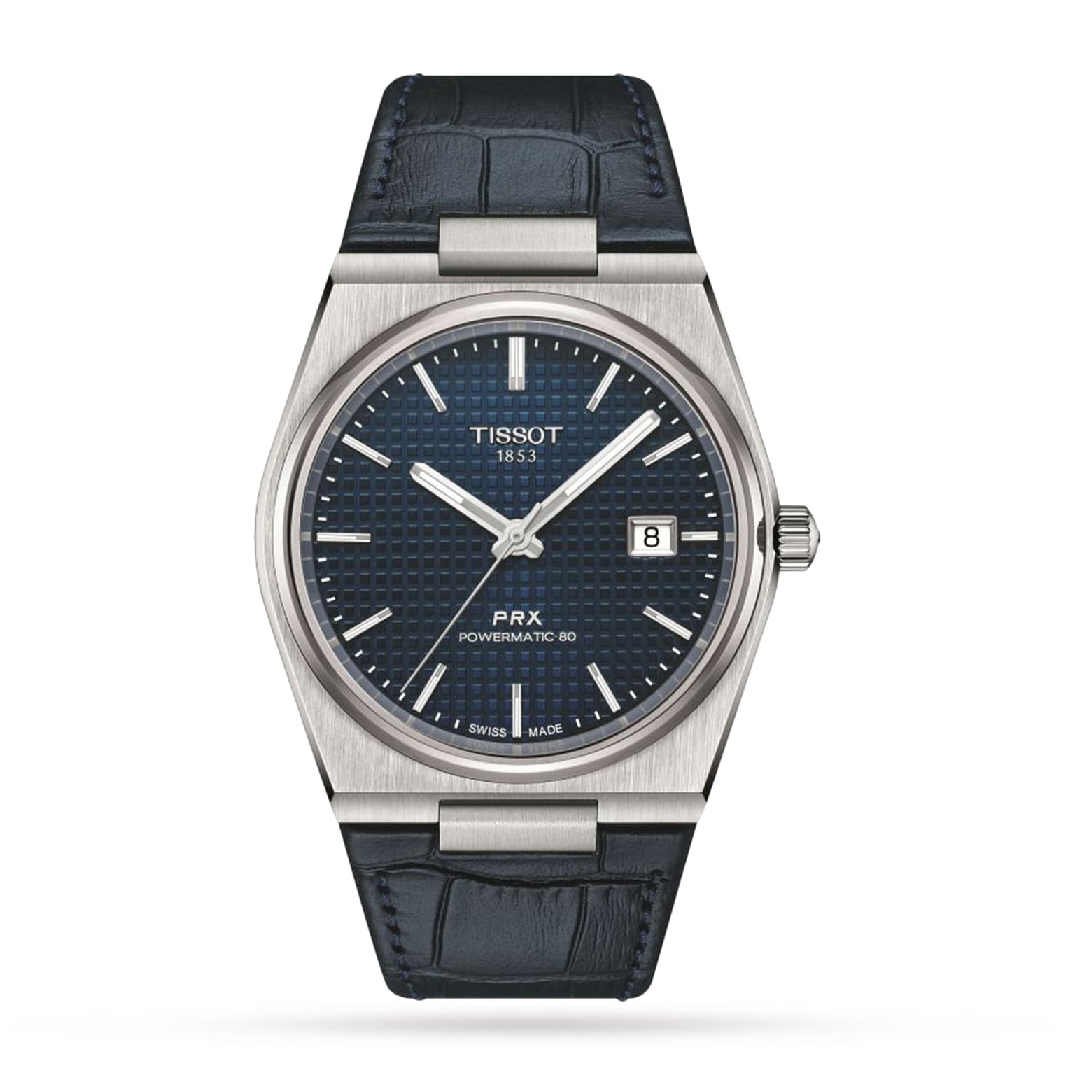 The Tissot PRX Powermatic 80 features a stainless steel case, black leather strap, blue textured dial, date window at 3 oclock, and silver hour markers on a white background.