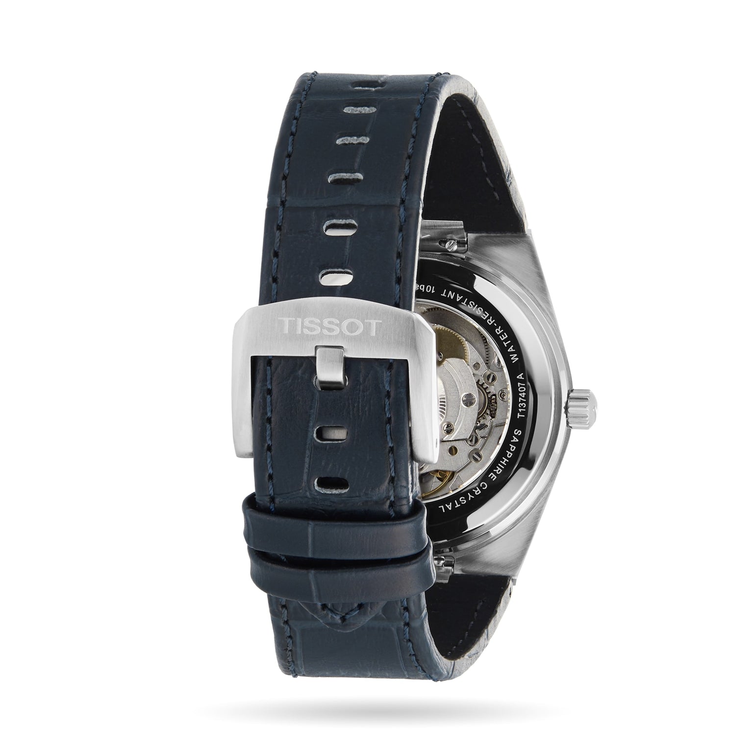 The Tissot PRX Powermatic 80 features a black leather strap, stainless steel case and buckle, and a visible Powermatic 80 movement through its transparent case back—ideal for luxury watch enthusiasts.