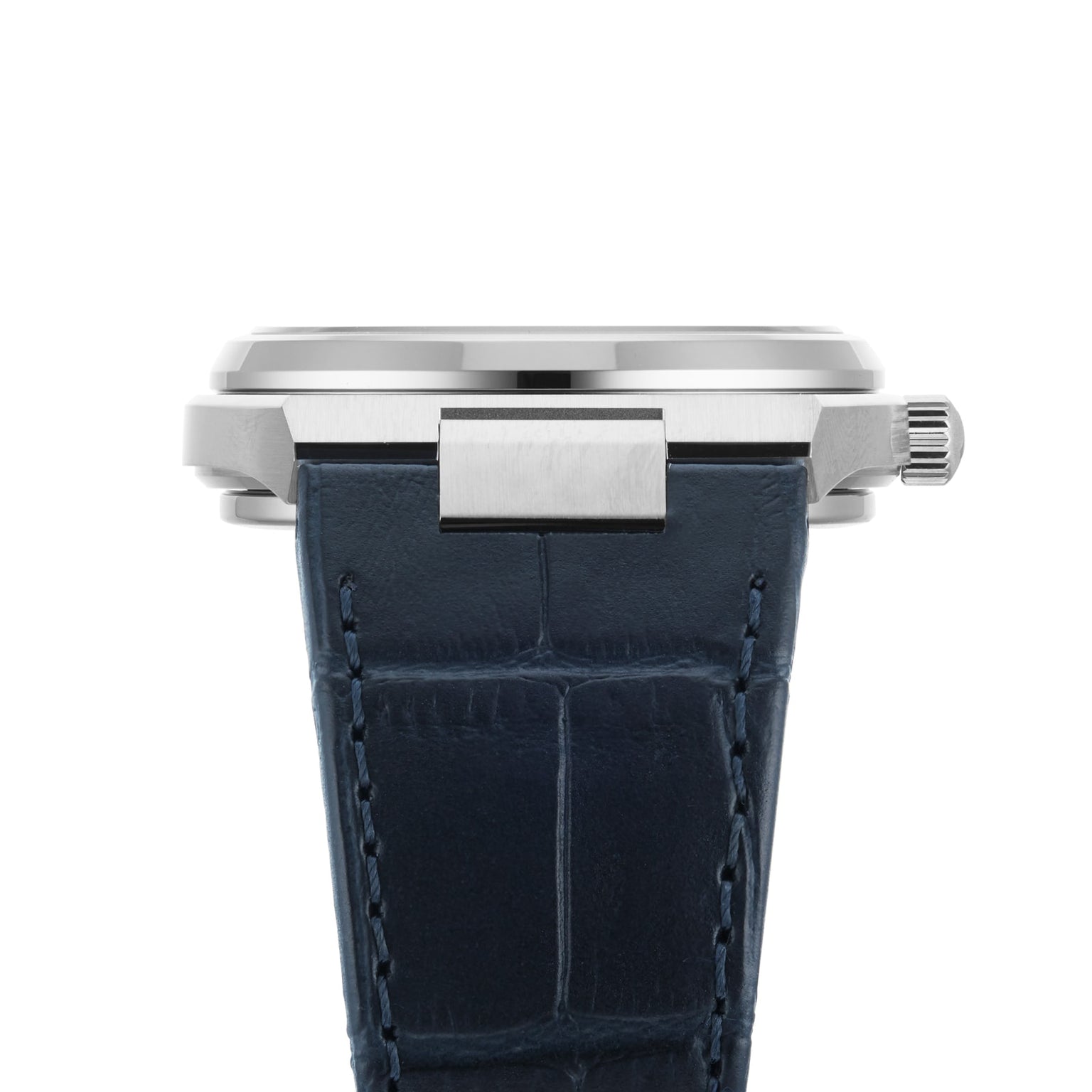 Side view of the Tissot PRX Powermatic 80 featuring a silver case, blue leather strap, and visible crown.