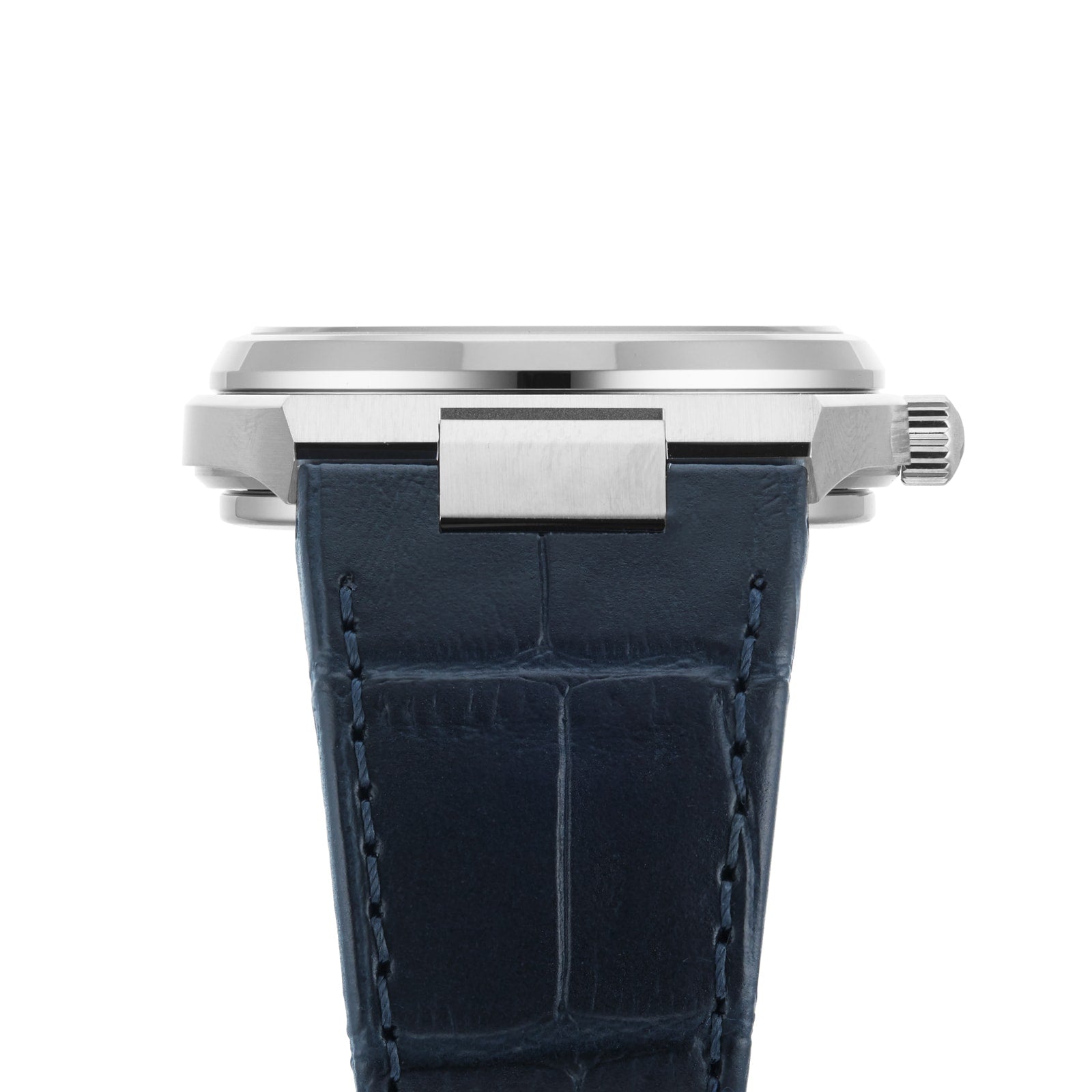 Side view of the Tissot PRX Powermatic 80 featuring a silver case, blue leather strap, and visible crown.