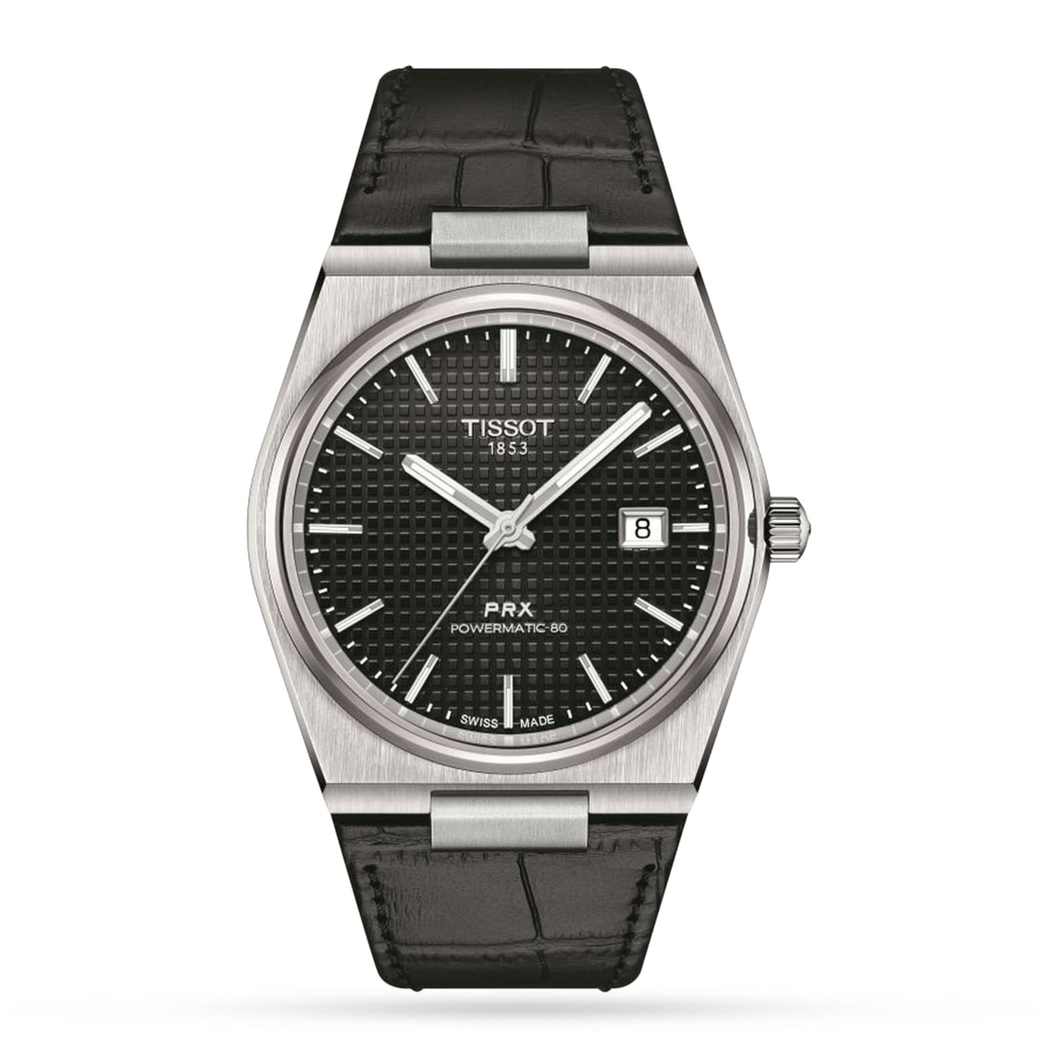 The Tissot PRX Powermatic 80 features a black textured dial, stainless steel case, date at 3 oclock, silver markers, and a black leather strap in a 1970s-inspired design, shown against a white background.