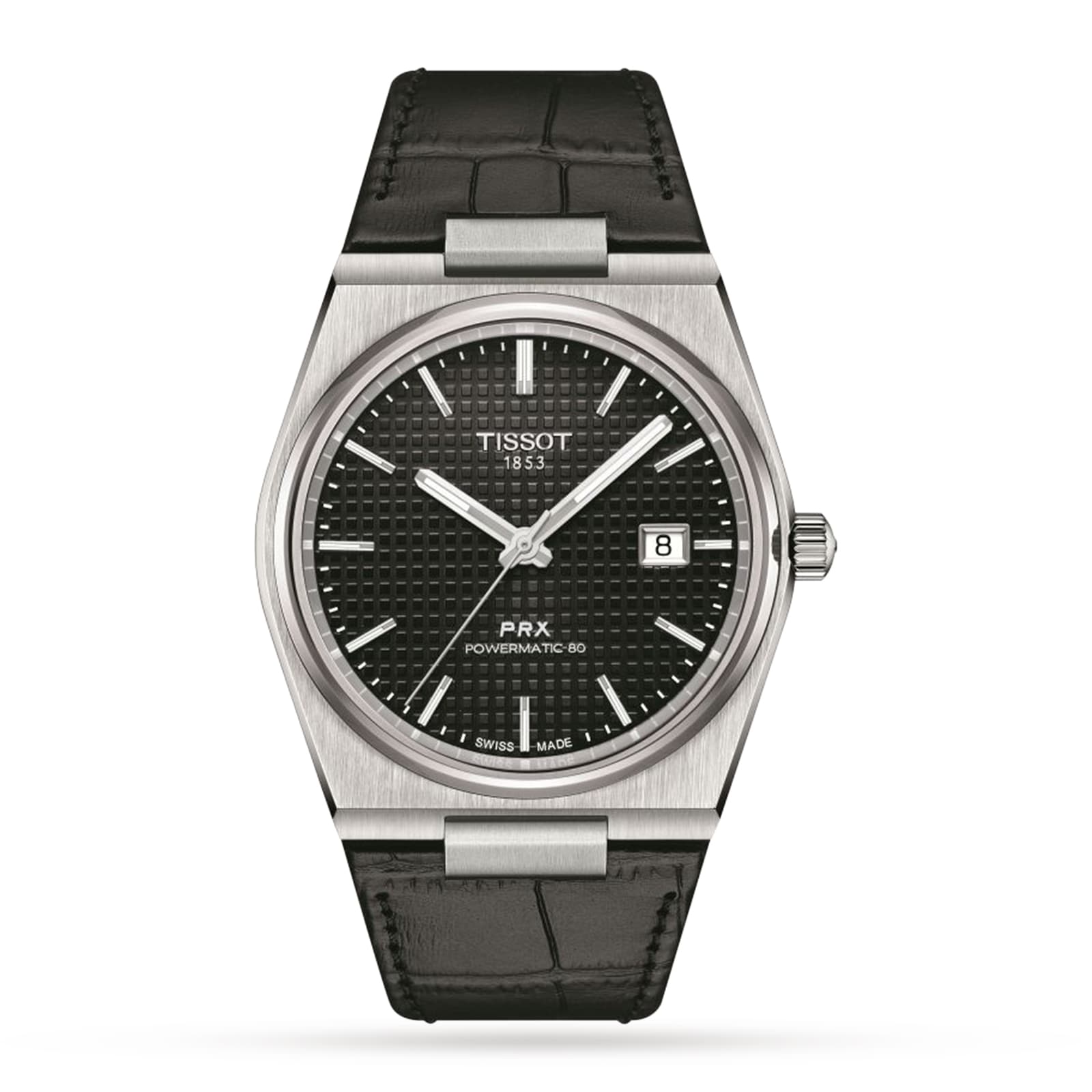 The Tissot PRX Powermatic 80 features a black textured dial, stainless steel case, date at 3 oclock, silver markers, and a black leather strap in a 1970s-inspired design, shown against a white background.