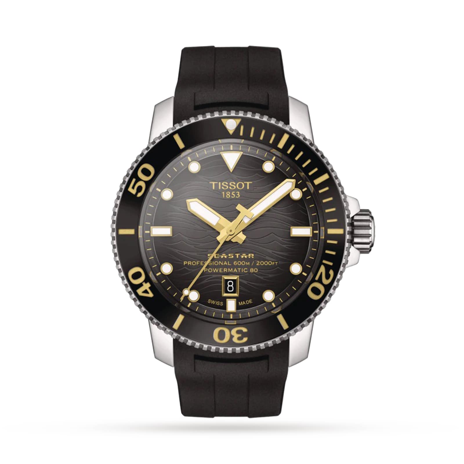 The Tissot Seastar 2000 Professional Powermatic 80 has a black dial, gold-tone markers, black rotating bezel, date at 6 o’clock, and a black rubber strap—driven by the reliable Powermatic 80 movement for outstanding diver’s certification.