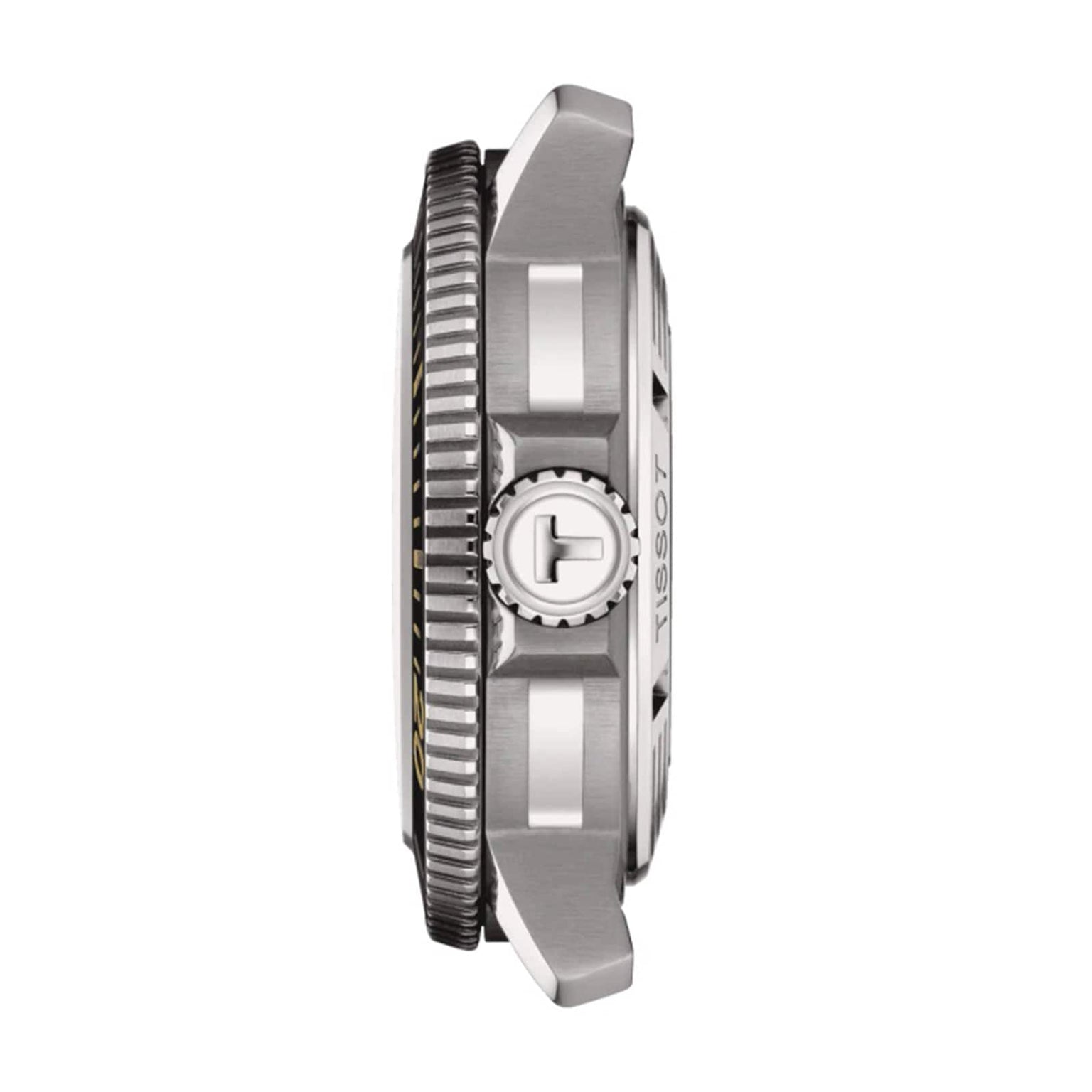 Side view of the Tissot Seastar 2000 Professional Powermatic 80 stainless steel case, featuring the Tissot crown and engraved details—certified for diving and powered by the Powermatic 80 movement.