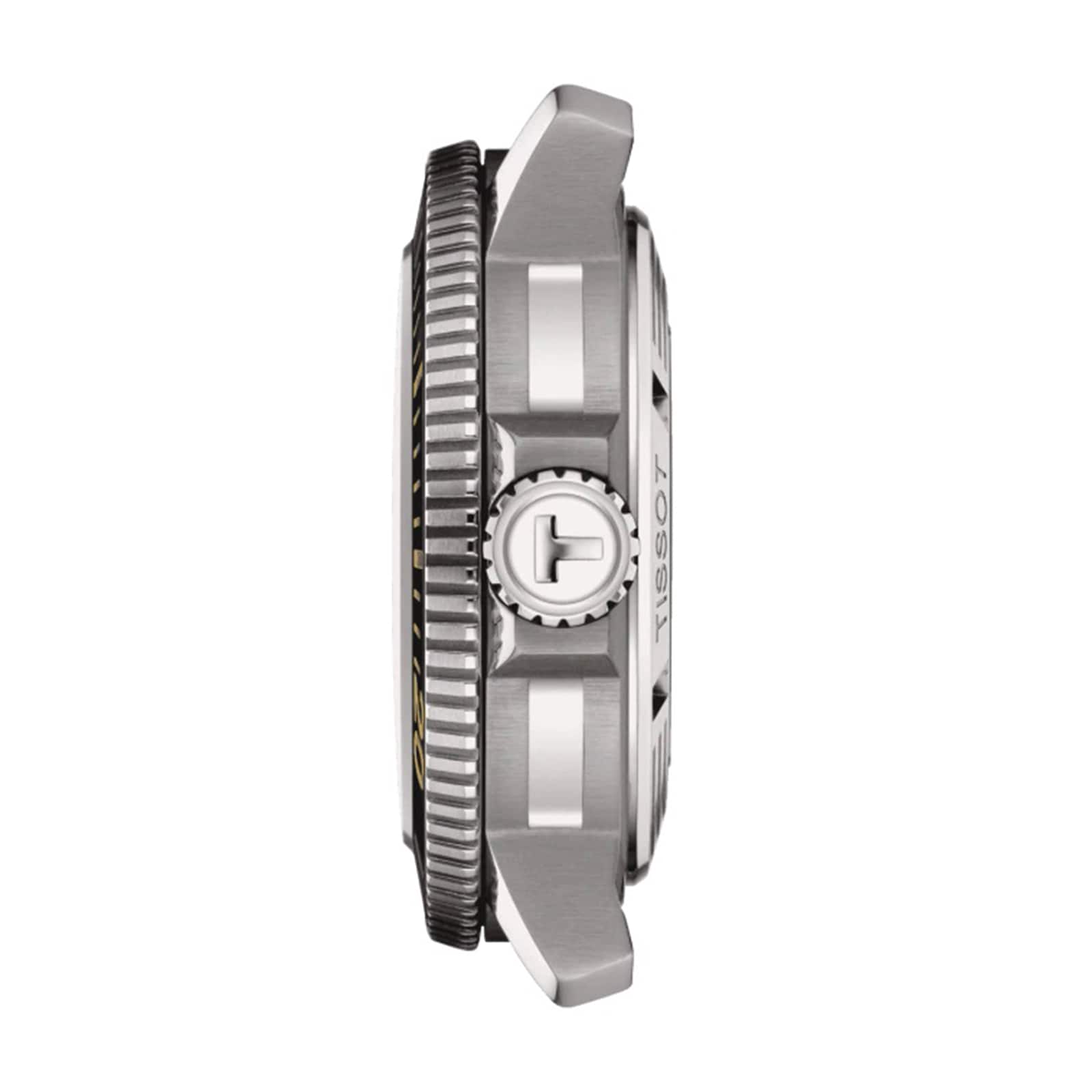 Side view of the Tissot Seastar 2000 Professional Powermatic 80 stainless steel case, featuring the Tissot crown and engraved details—certified for diving and powered by the Powermatic 80 movement.