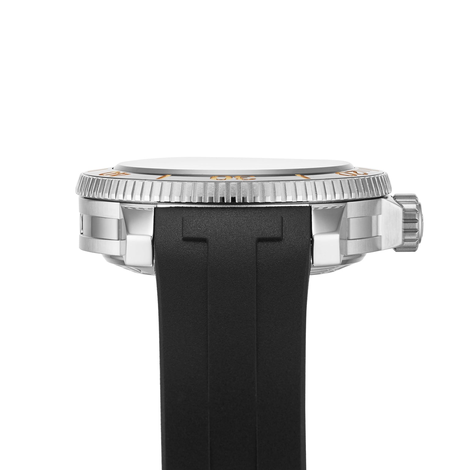 Side view of the Tissot Seastar 2000 Professional Powermatic 80, showing its silver case, textured bezel, crown, and black rubber strap—emphasizing its diver’s watch certification and Powermatic 80 movement.