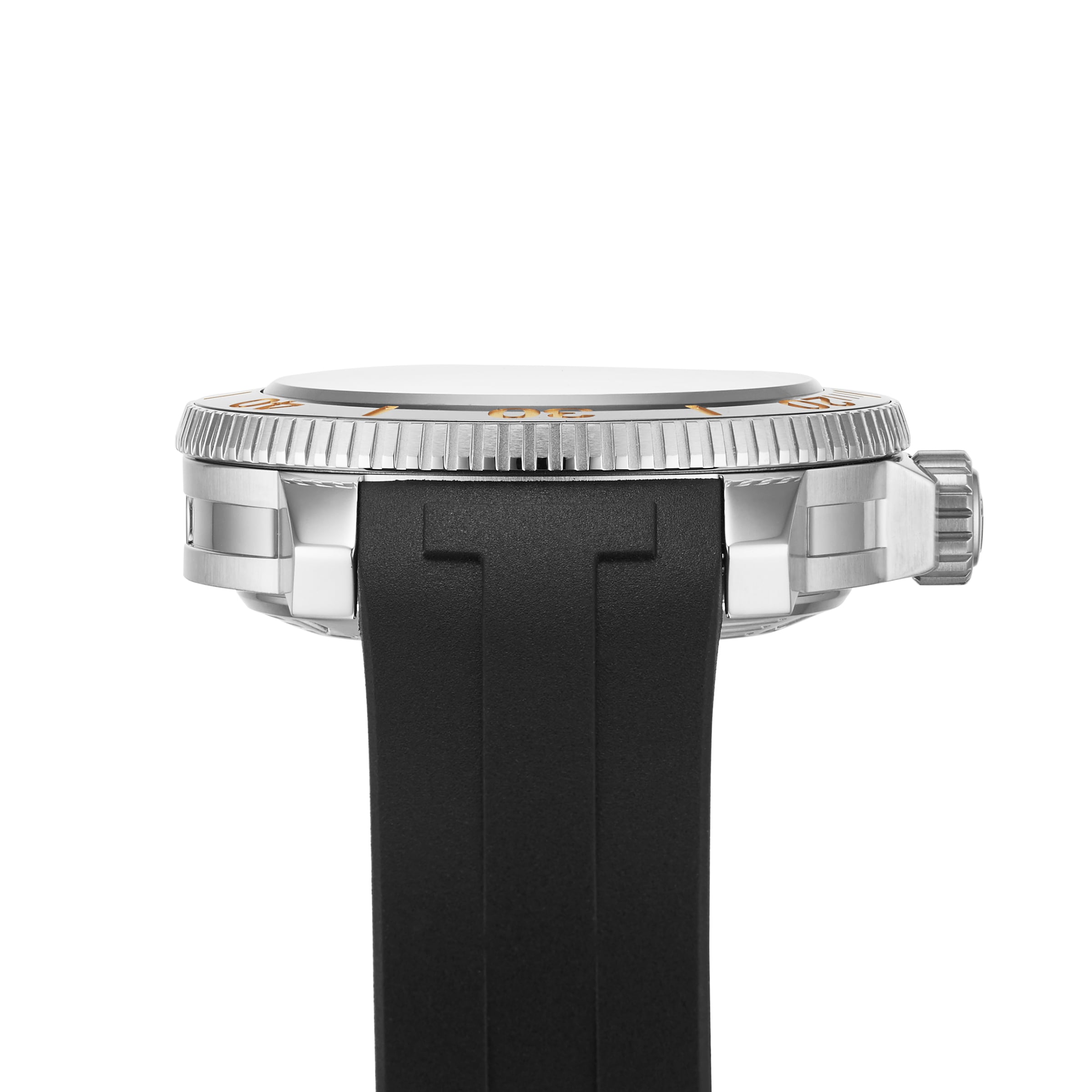 Side view of the Tissot Seastar 2000 Professional Powermatic 80, showing its silver case, textured bezel, crown, and black rubber strap—emphasizing its diver’s watch certification and Powermatic 80 movement.