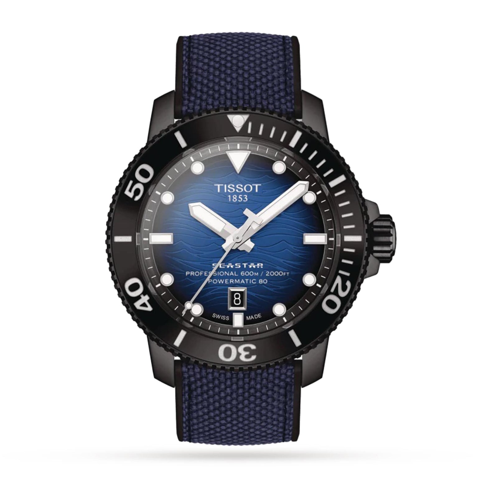 A Tissot Seastar 2000 Professional Powermatic 80 watch with a blue gradient dial, black rotating bezel, and blue fabric strap, displaying the time 10:08.
