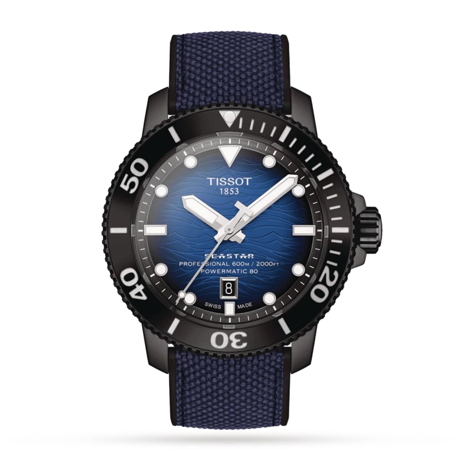 A Tissot Seastar 2000 Professional Powermatic 80 watch with a blue gradient dial, black rotating bezel, and blue fabric strap, displaying the time 10:08.