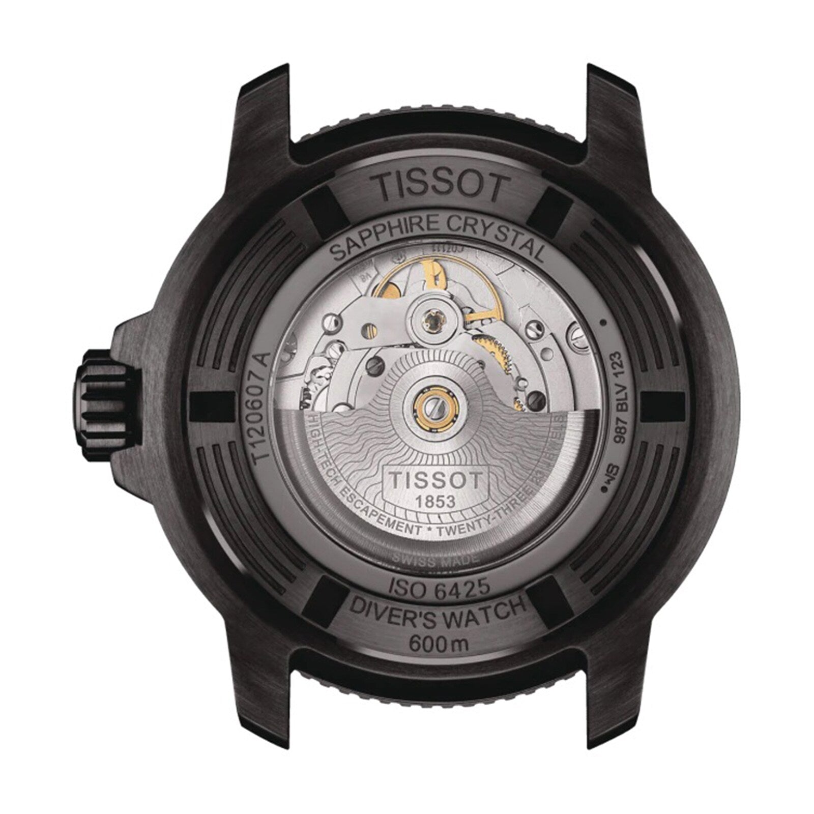 Back view of the Tissot Seastar 2000 Professional Powermatic 80 diver’s watch displaying its exposed Powermatic 80 movement, with engraving details including Sapphire Crystal, ISO 6425 certification, and 600m water resistance.