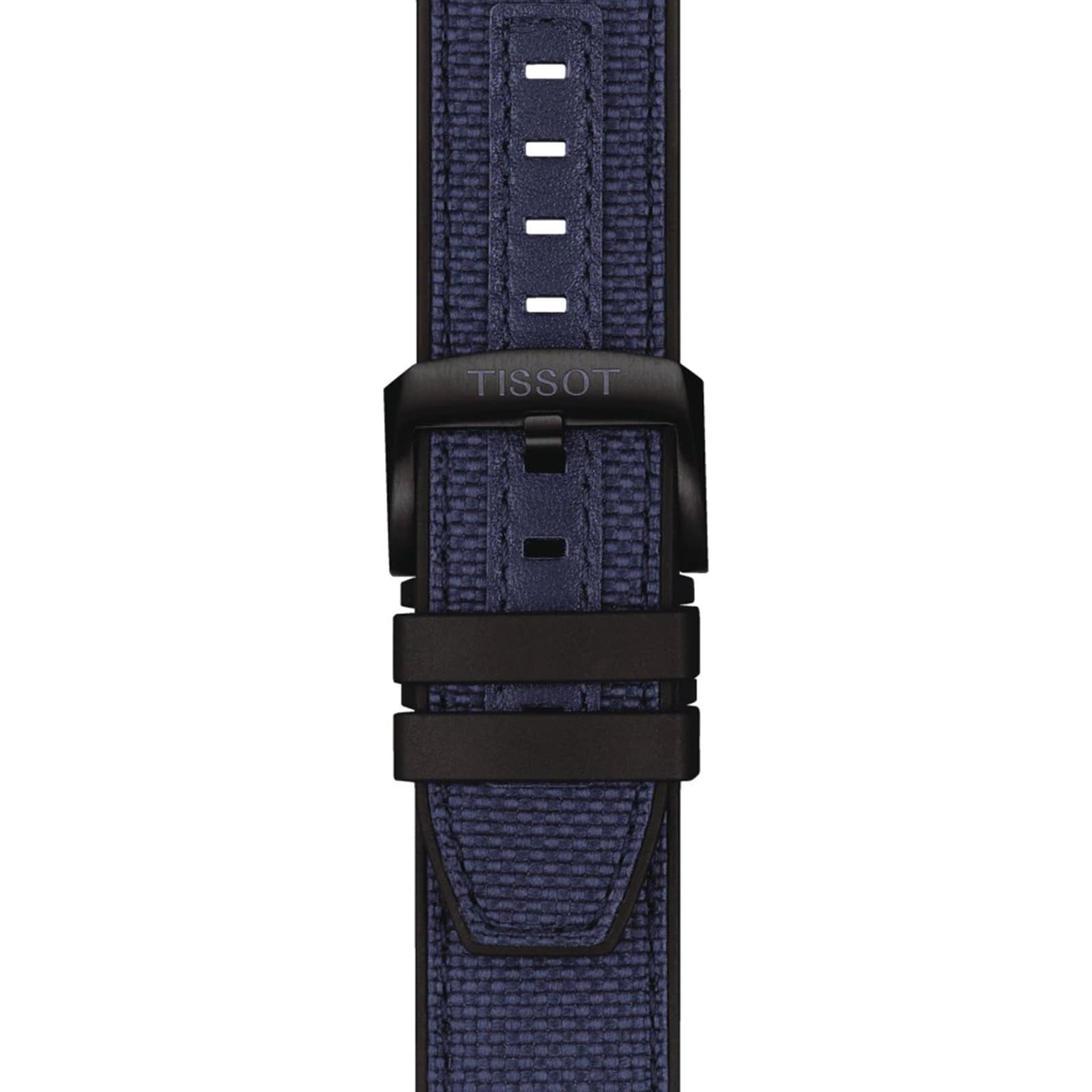 Close-up of a blue textured Tissot Seastar 2000 Professional Powermatic 80 diver’s watch strap, featuring a black buckle and visible adjustment holes.