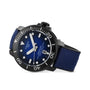 The Tissot Seastar 2000 Professional Powermatic 80 features a blue textured strap, black bezel, blue dial with white markers, and a Powermatic 80 movement with date at the 6 o’clock position.