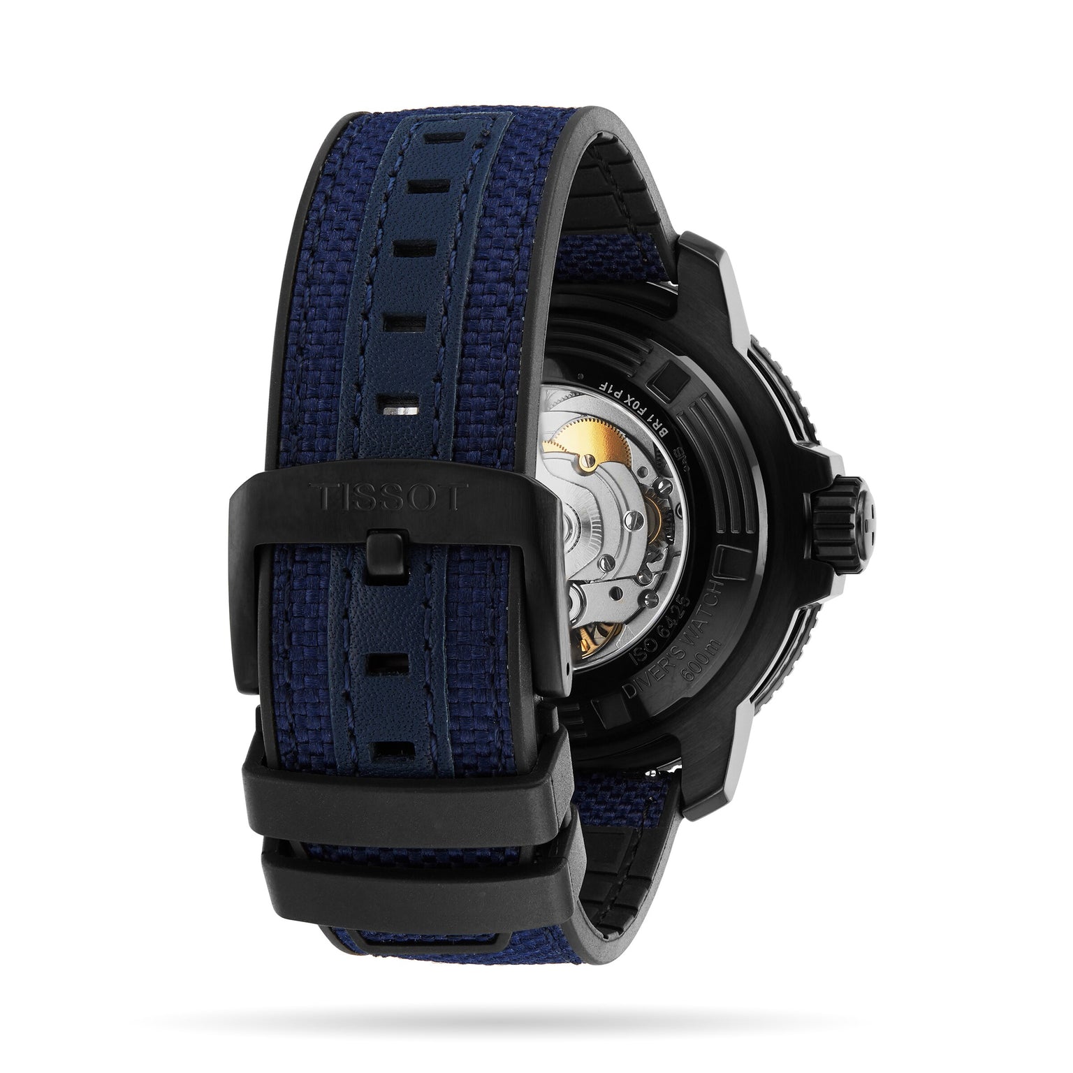 Back view of the Tissot Seastar 2000 Professional Powermatic 80 with a blue and black fabric strap, displaying its Powermatic 80 mechanical movement through a transparent case back.