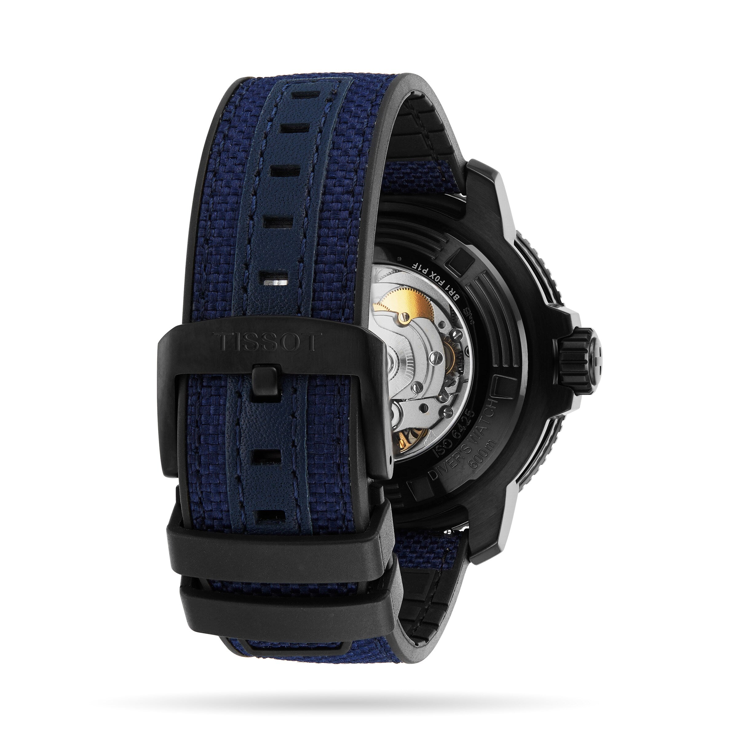 Back view of the Tissot Seastar 2000 Professional Powermatic 80 with a blue and black fabric strap, displaying its Powermatic 80 mechanical movement through a transparent case back.