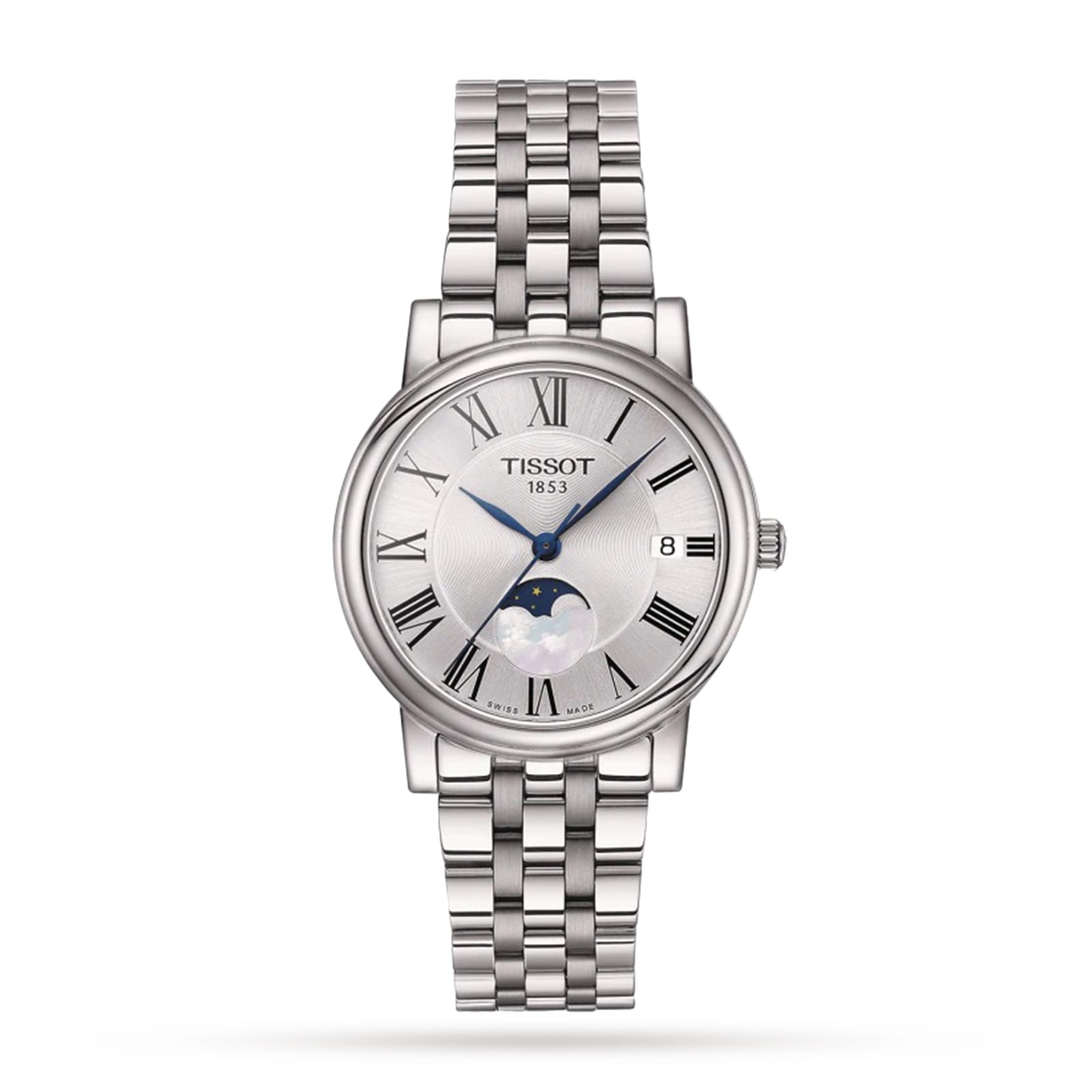 The Tissot Carson Premium Moonphase features Roman numerals, Swiss quartz movement, a moonphase display, date window at 3 oclock, and a metal link bracelet, shown on a white background.
