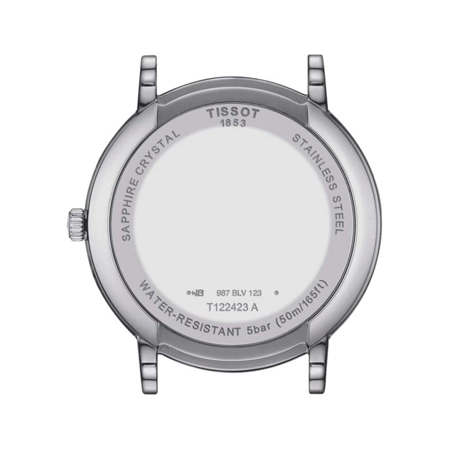 Back view of the Tissot Carson Premium Moonphase watch case displaying engravings for sapphire crystal, stainless steel, 5 bar water resistance, model number T122423A, and Swiss-made quartz EOL movement.