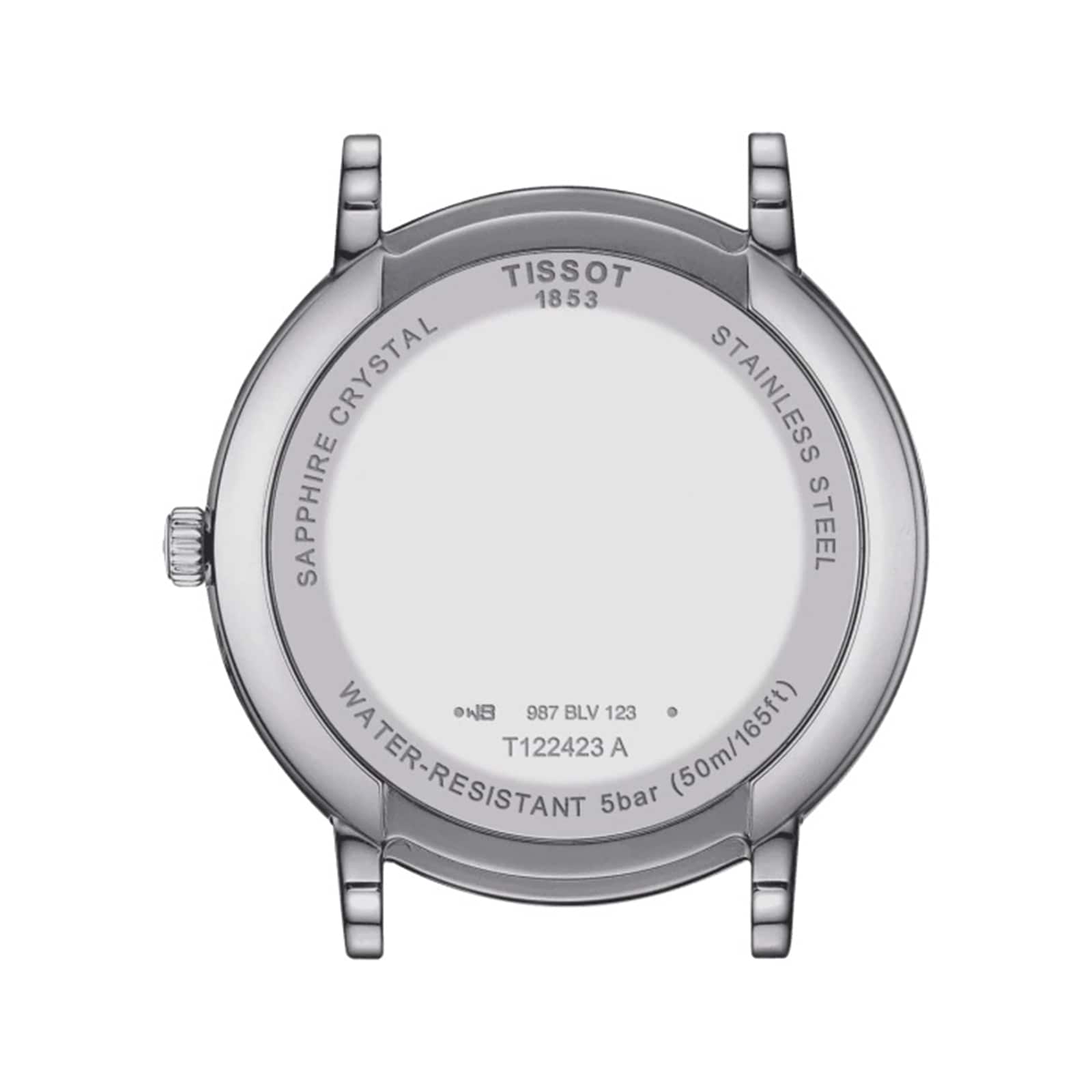 Back view of the Tissot Carson Premium Moonphase watch case displaying engravings for sapphire crystal, stainless steel, 5 bar water resistance, model number T122423A, and Swiss-made quartz EOL movement.