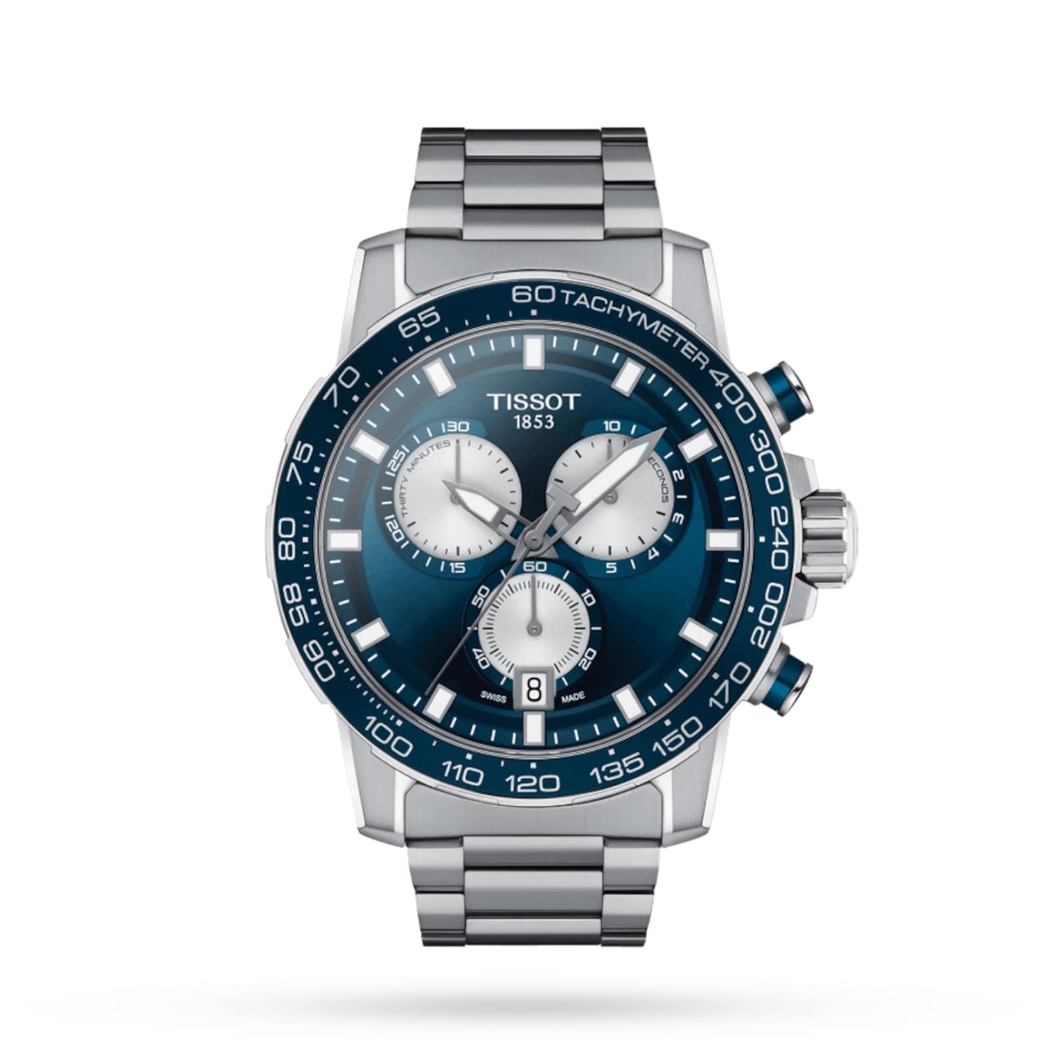 The Tissot Supersport Chrono features a stainless steel case, blue bezel, Swiss quartz movement, three subdials, and a date window at 6 o’clock.