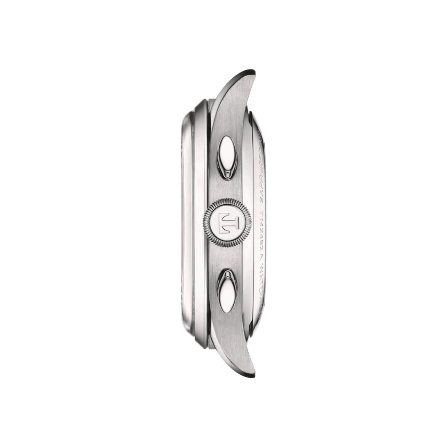 Side view of a silver Tissot Telemeter 1938 automatic watch case with two pushers, a crown bearing the Tissot logo, and curved lugs in Telemeter style, set against a white background.