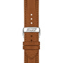 Brown leather watch strap with silver Tissot-engraved clasp and multiple adjustment holes, designed for the Tissot Telemeter 1938 to highlight Swiss automatic movement heritage.