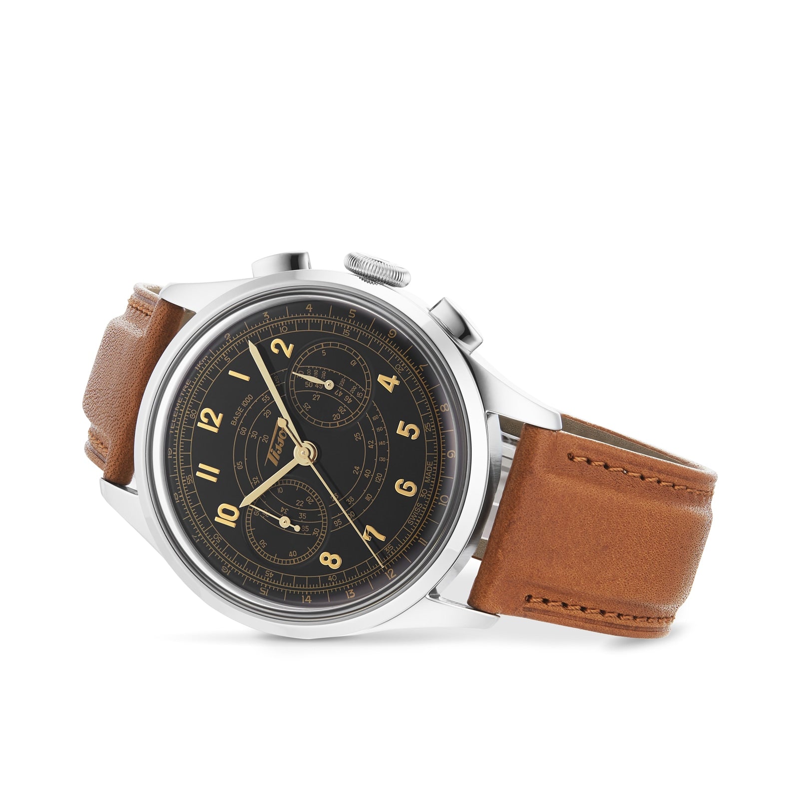 The Tissot Telemeter 1938, a wristwatch with a black dial, Arabic numerals, and brown leather strap from the Heritage Automatic Telemeter collection, is shown against a white background.