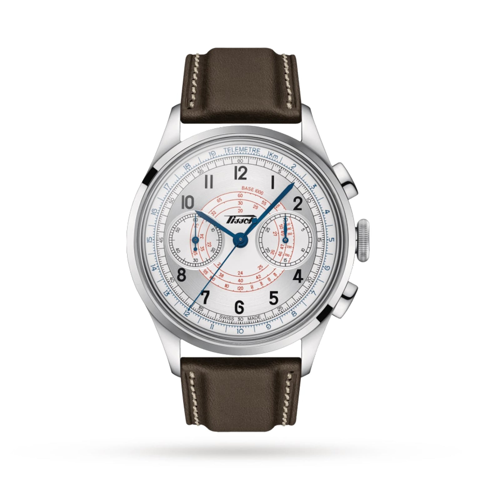 The Tissot Telemeter 1938 features a silver case, white dial, blue hands, two subdials, black numerals, and a brown leather strap for a vintage look against a plain white background.
