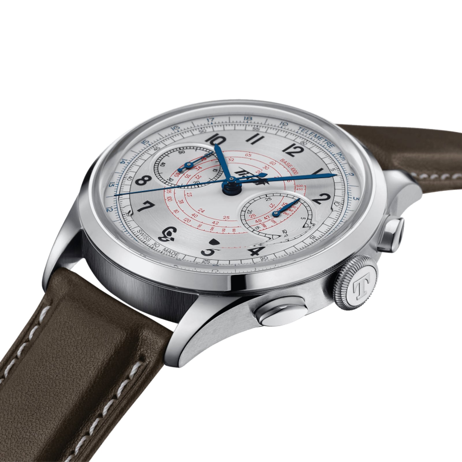 The Tissot Telemeter 1938 is a silver wristwatch with a brown leather strap, white dial, blue hands, Arabic numerals, and red and black scales for timekeeping—crafted with vintage style from the Telemeter collection.