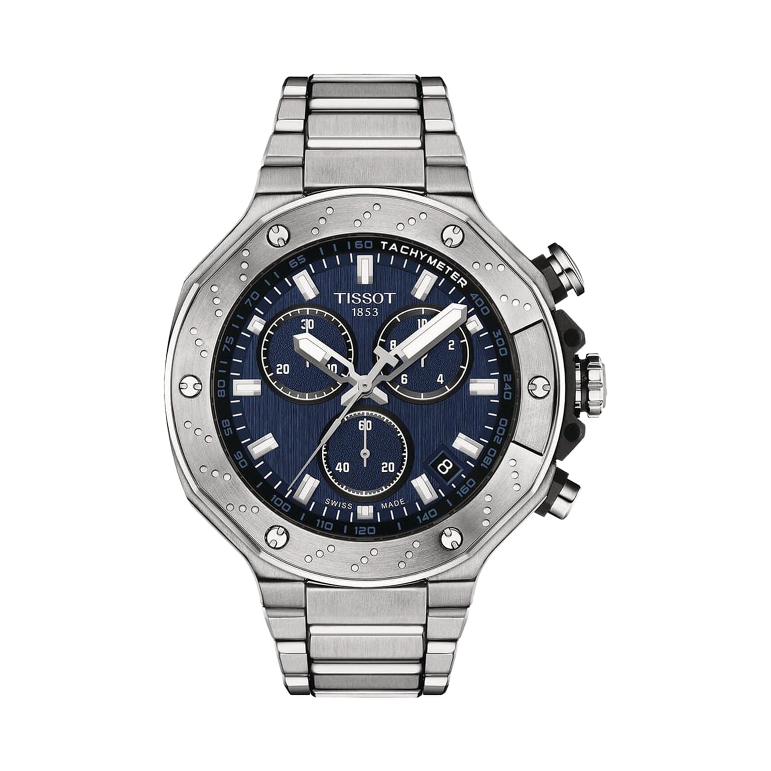 The Tissot T-Race Chronograph features a stainless steel case, blue dial with three subdials, tachymeter scale, metal link bracelet, Swiss quartz chronograph movement, and motorcycle-inspired design.
