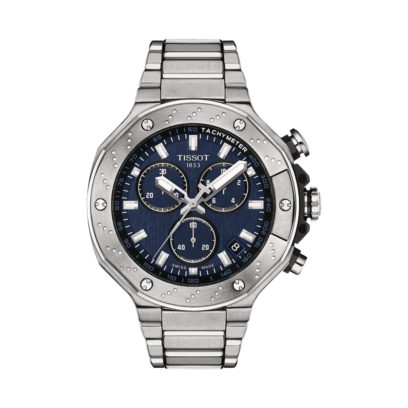 The Tissot T-Race Chronograph features a stainless steel case, blue dial with three subdials, tachymeter scale, metal link bracelet, Swiss quartz chronograph movement, and motorcycle-inspired design.