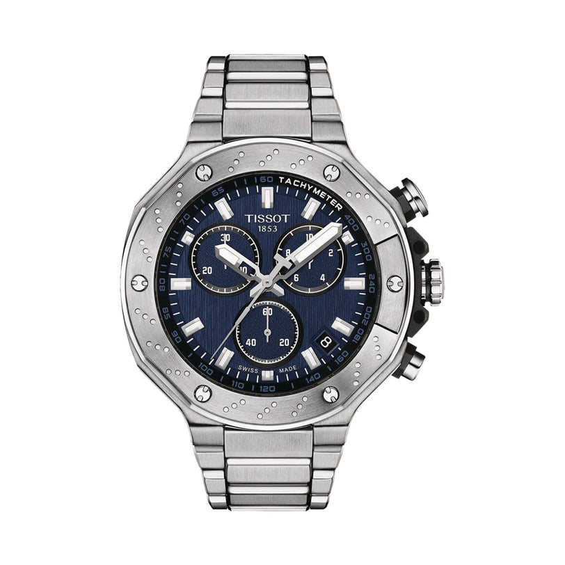 The Tissot T-Race Chronograph features a stainless steel case, blue dial with three subdials, tachymeter scale, metal link bracelet, Swiss quartz chronograph movement, and motorcycle-inspired design.