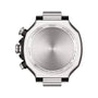 Back view of the Tissot T-Race Chronograph revealing its stainless steel case, 10 bar water resistance, sapphire crystal, and model engravings—a Swiss quartz chronograph inspired by motorcycles.