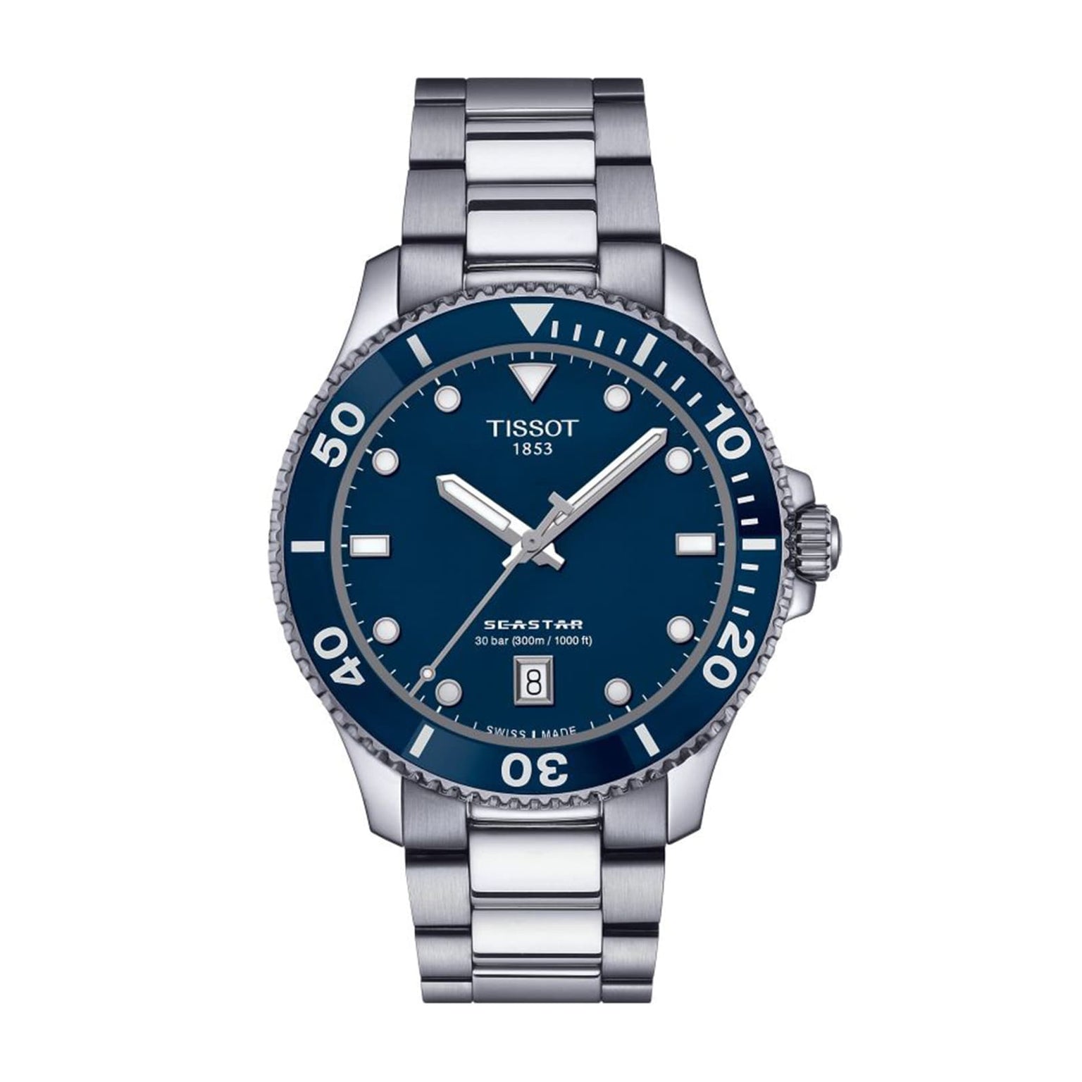 The Tissot Seastar 1000 is a stainless steel divers watch with a blue dial, silver hands, white hour markers, and date display at 6 o’clock. It’s water resistant for daily wear and underwater adventures.