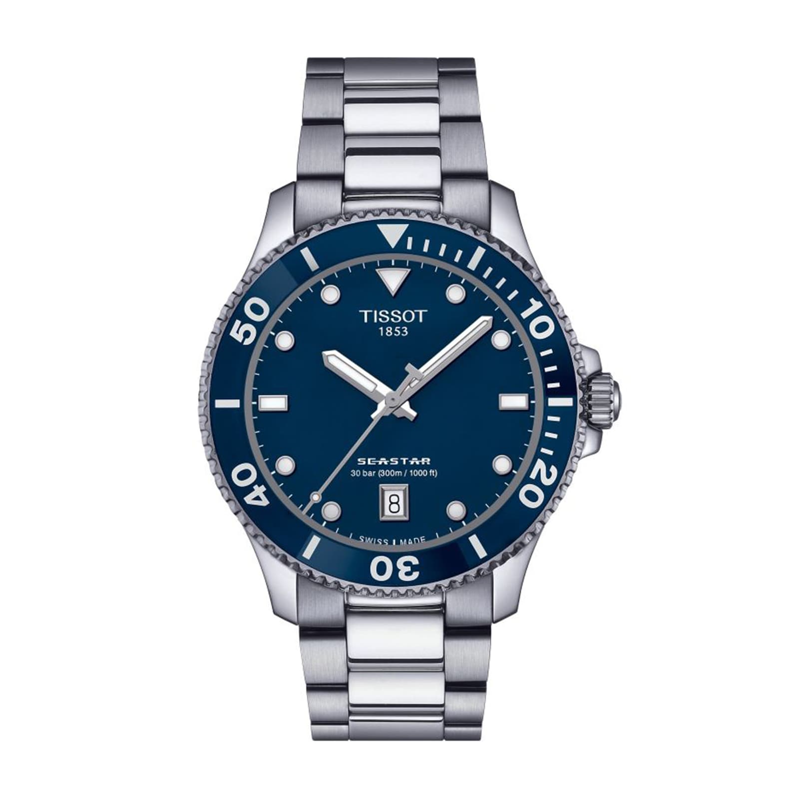 The Tissot Seastar 1000 is a stainless steel divers watch with a blue dial, silver hands, white hour markers, and date display at 6 o’clock. It’s water resistant for daily wear and underwater adventures.