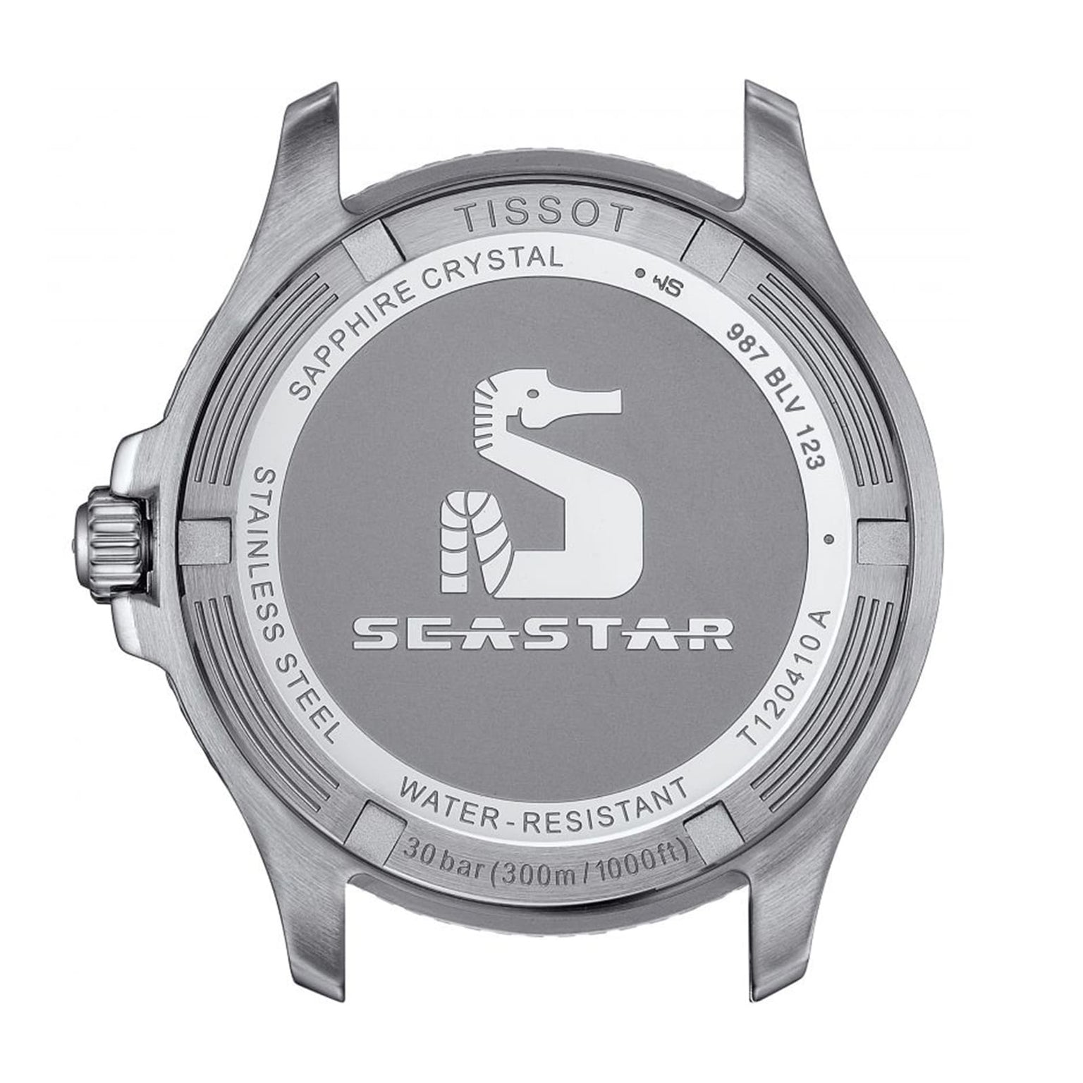 Back view of the Tissot Seastar 1000 displays engravings such as the seahorse logo, sapphire crystal, stainless steel, water resistance details, and model numbers.