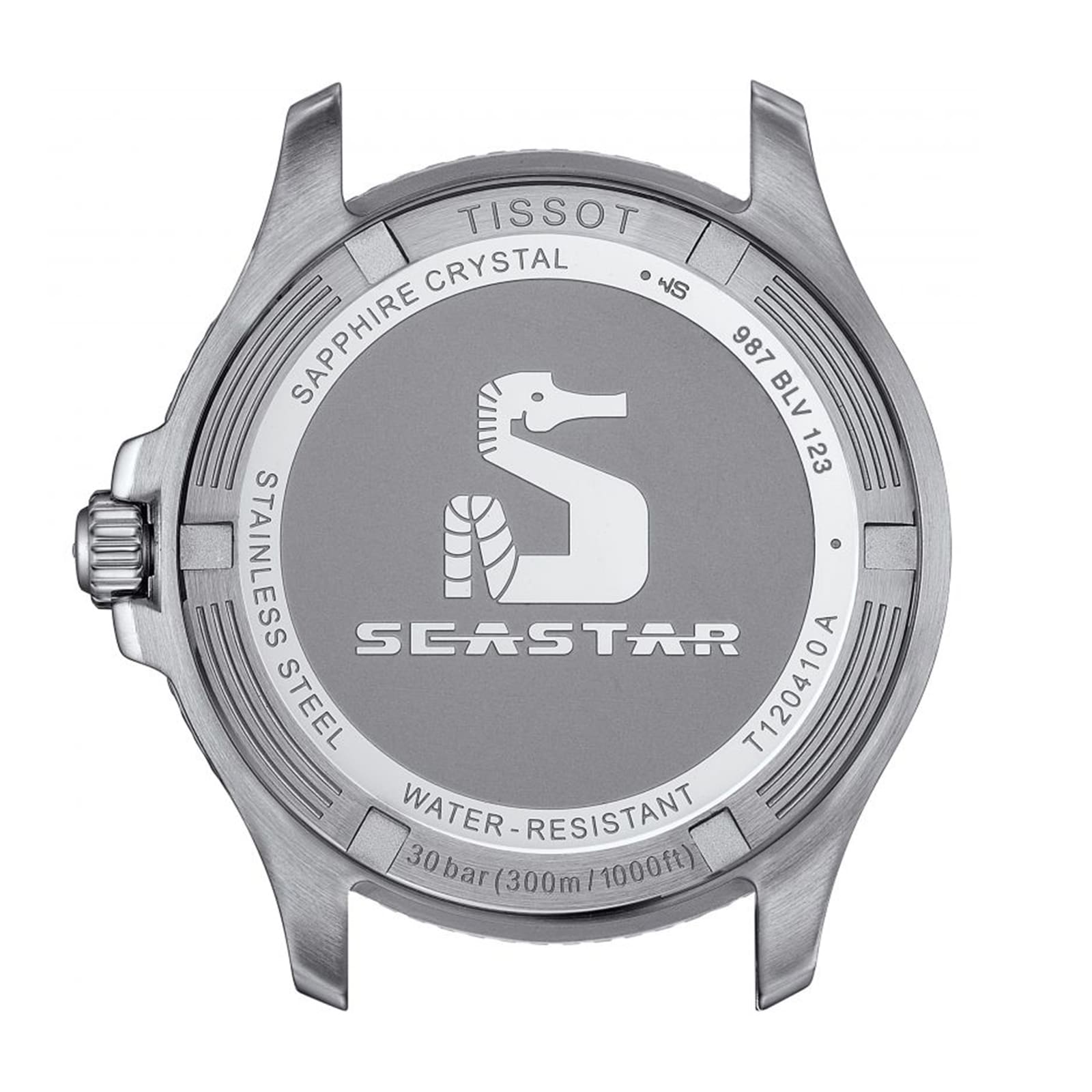 Back view of the Tissot Seastar 1000 displays engravings such as the seahorse logo, sapphire crystal, stainless steel, water resistance details, and model numbers.
