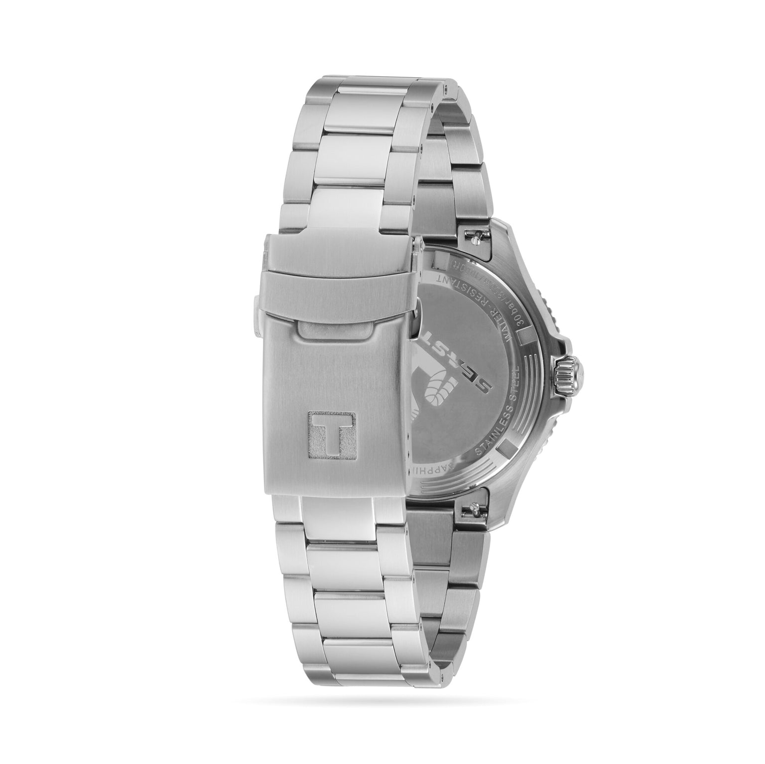 The Tissot Seastar 1000 stainless steel divers watch is shown from the back, emphasizing its closed clasp, engraved case back details, and water-resistant design.