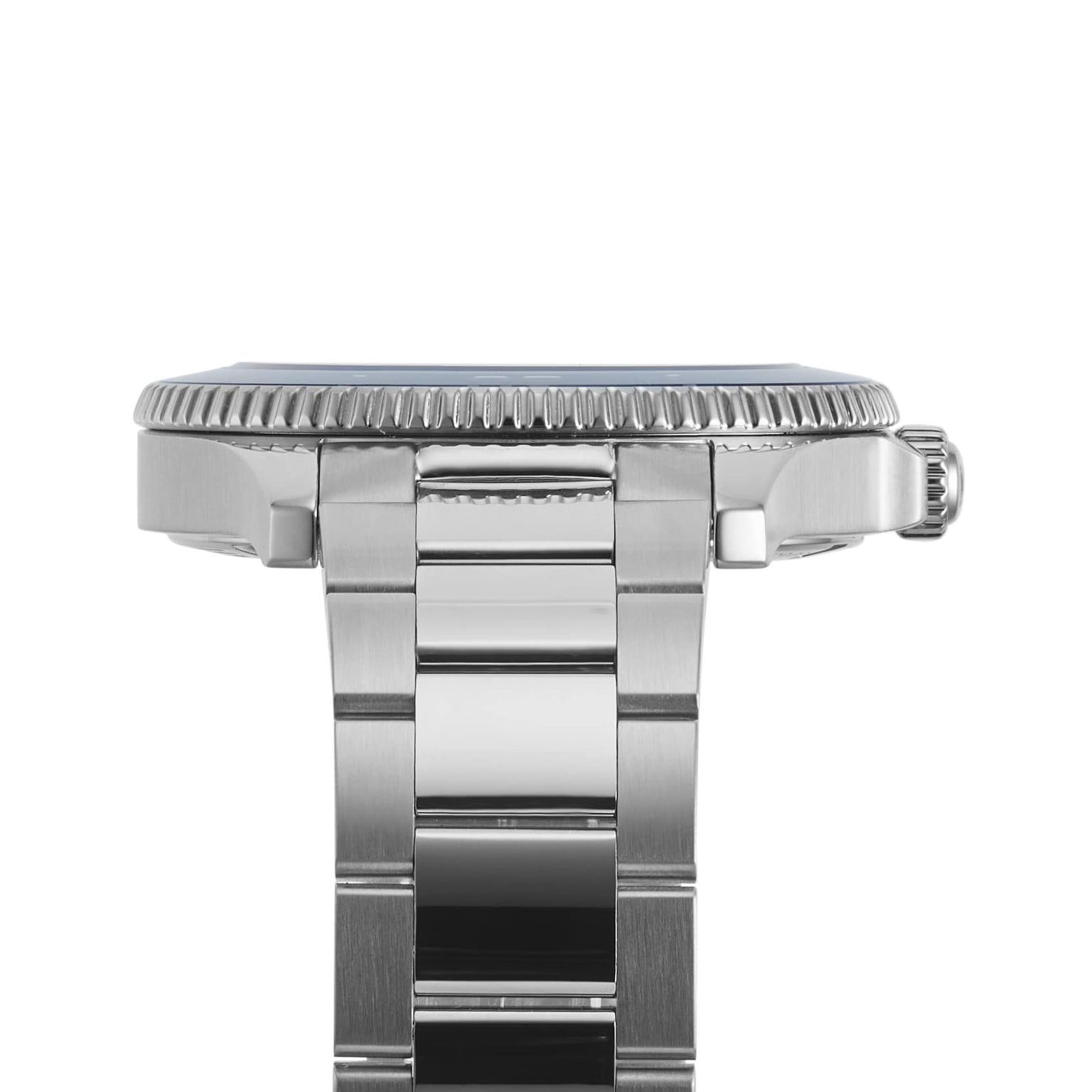 Side view of the Tissot Seastar 1000 divers watch in silver, featuring a ridged bezel, crown, and polished metal bracelet; designed for water resistance.