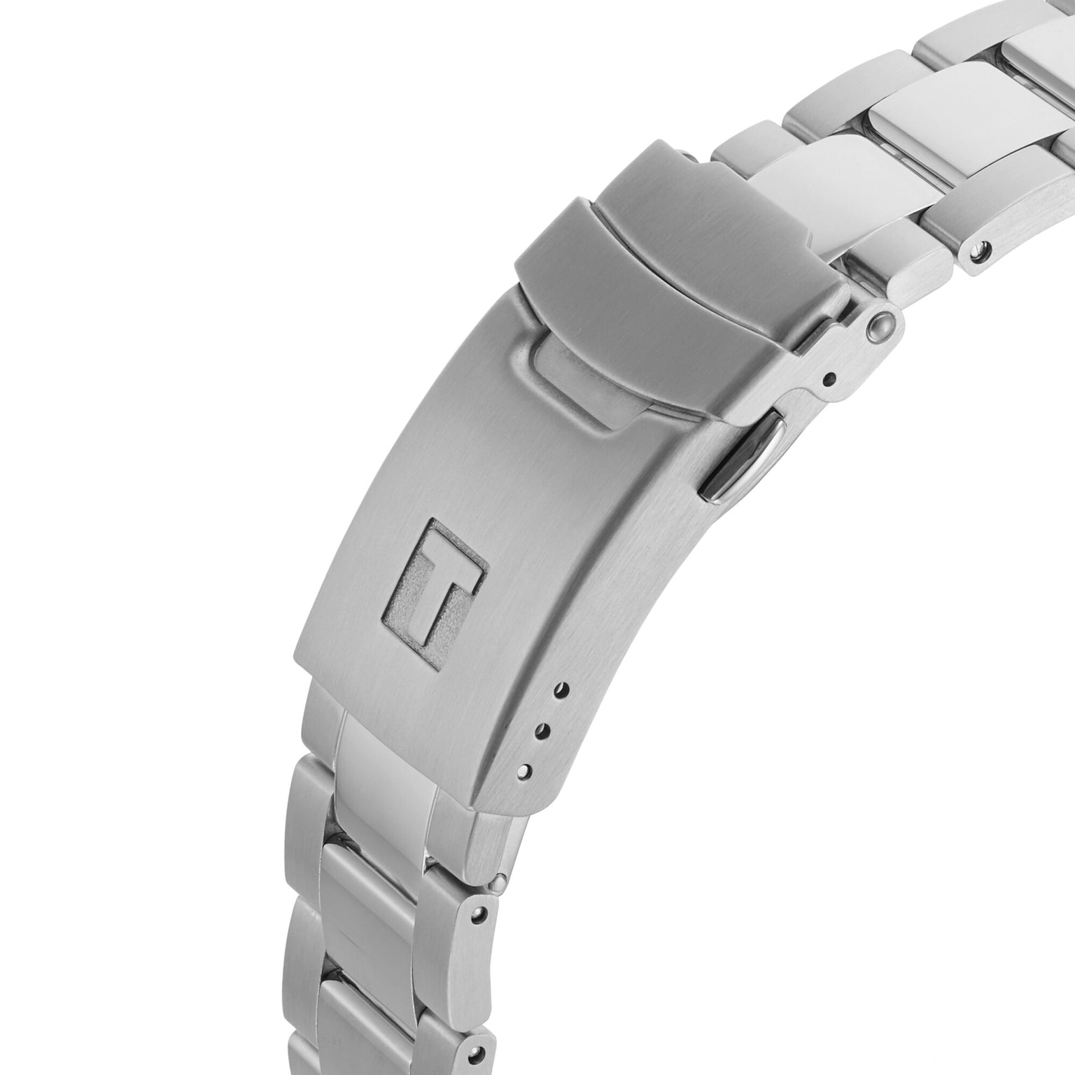 Close-up of the stainless steel bracelet clasp on the Tissot Seastar 1000, featuring a brushed metal surface engraved with a T—showcasing its signature style and water-resistant durability.