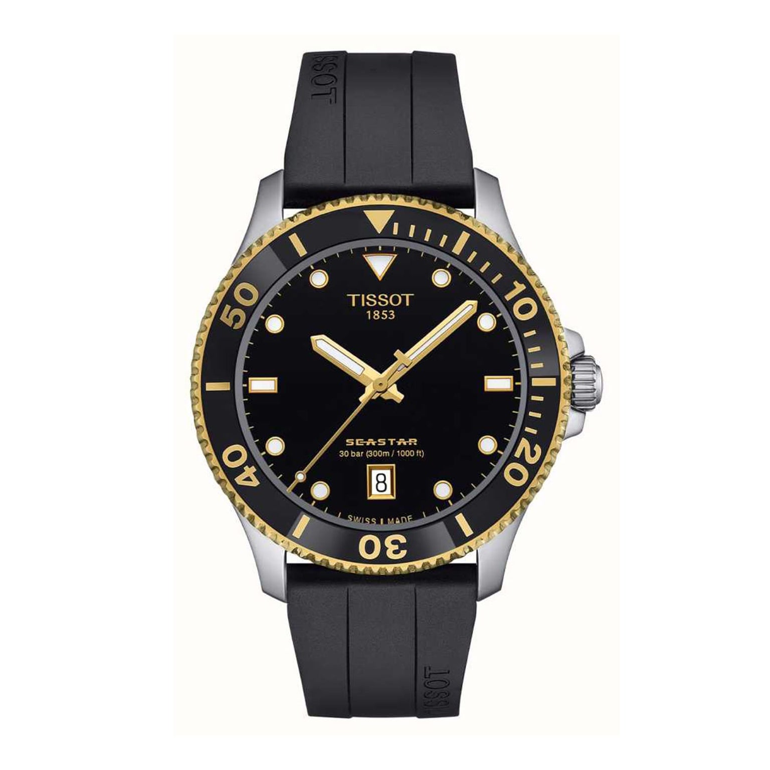The Tissot Seastar 1000 is a stylish diver’s watch with a black dial, gold bezel, and black rubber strap. It features a date display and 30 bar water resistance, making it ideal for underwater adventures.